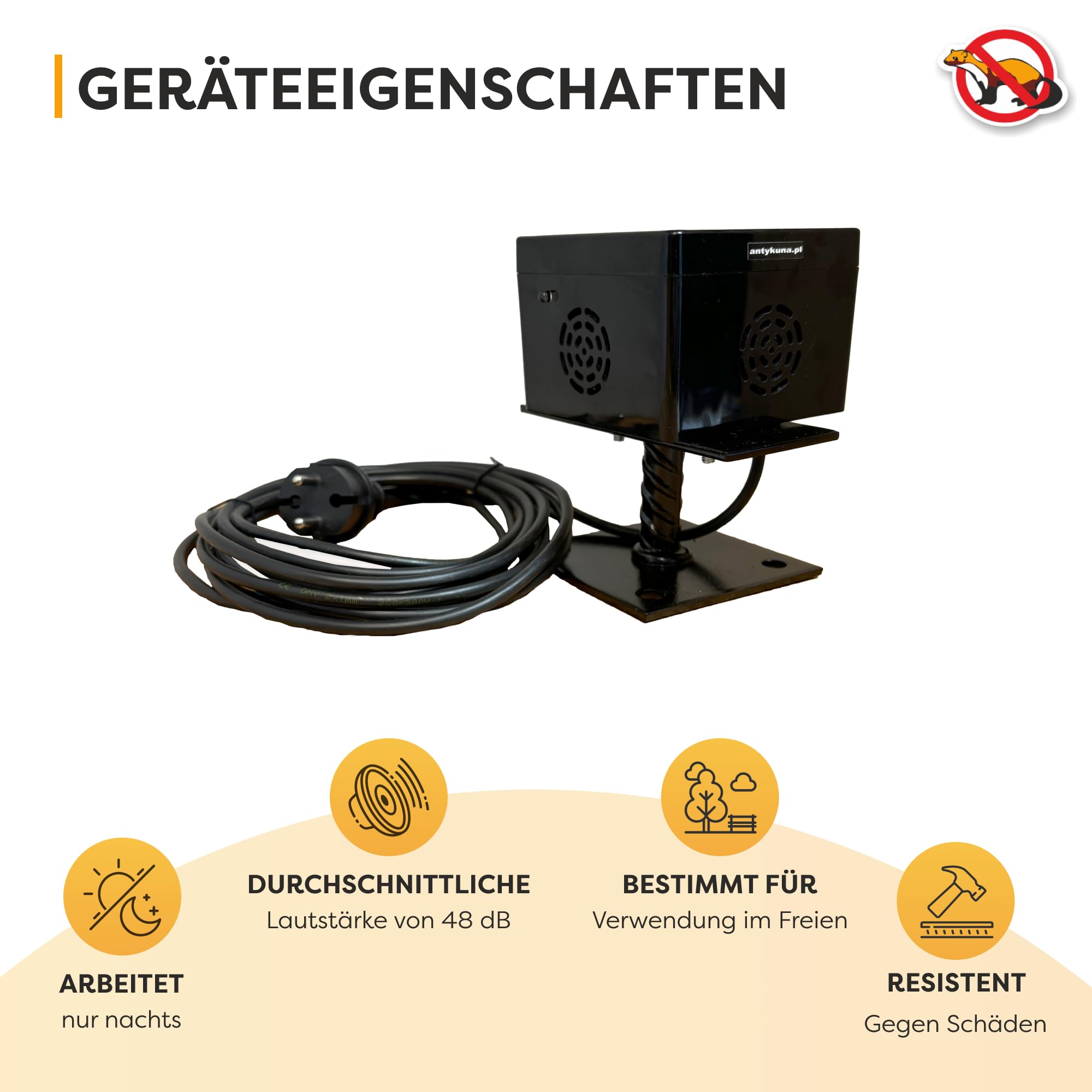 ANTYKUNA Hermetischer Mardervertreiber Light Predator – Leise 48 dB | 4 Lautsprecher | Für Parkplatz, Dachboden & Garten | Nachtbetrieb