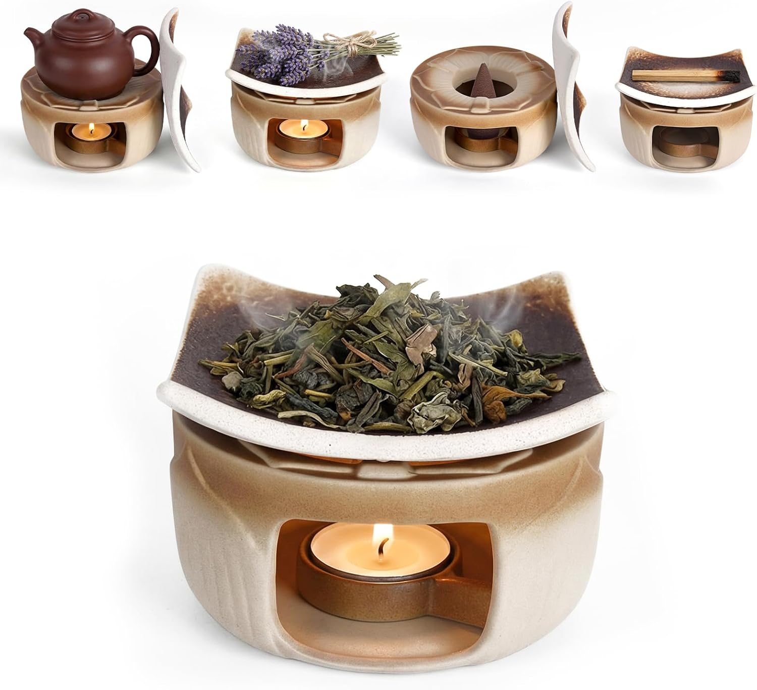 Handmade Ceramic Aromatherapy Diffuser,Herb Burner & Candle Wax Warmer with Tealight Holder, Home Fragrance Accessories for Relaxation & Meditation-B