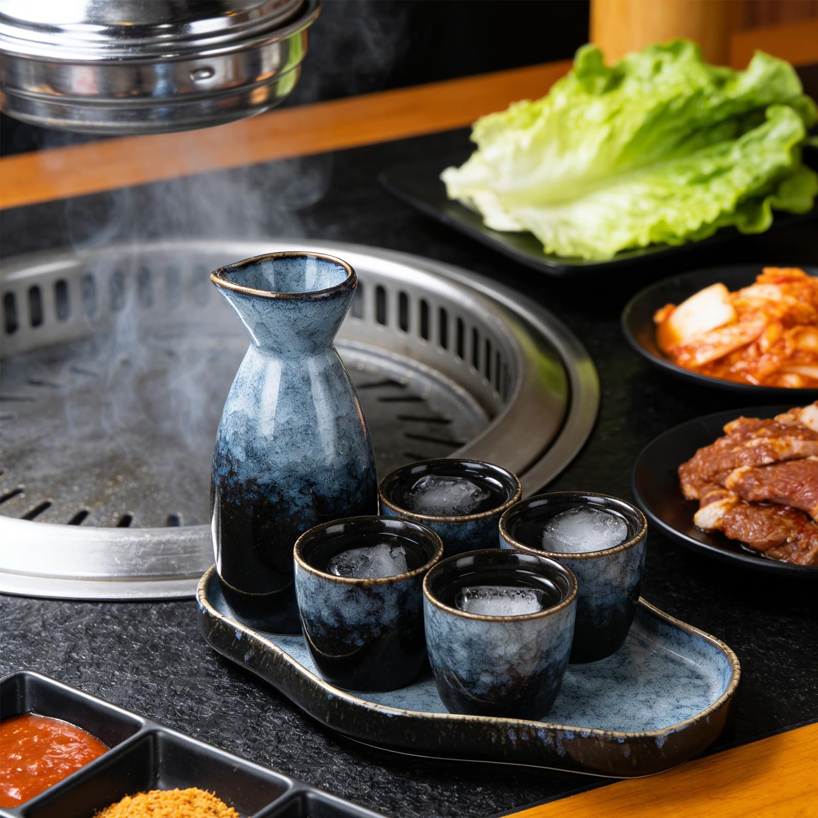 Juego de sake japonés de cerámica, 6 piezas, juego de sake tradicional japonés con 4 vasos de sake de 35 ml, 1 olla de sake de 175 ml, 1 bandeja, esmalte envejecido en horno, porcelana, sake cup