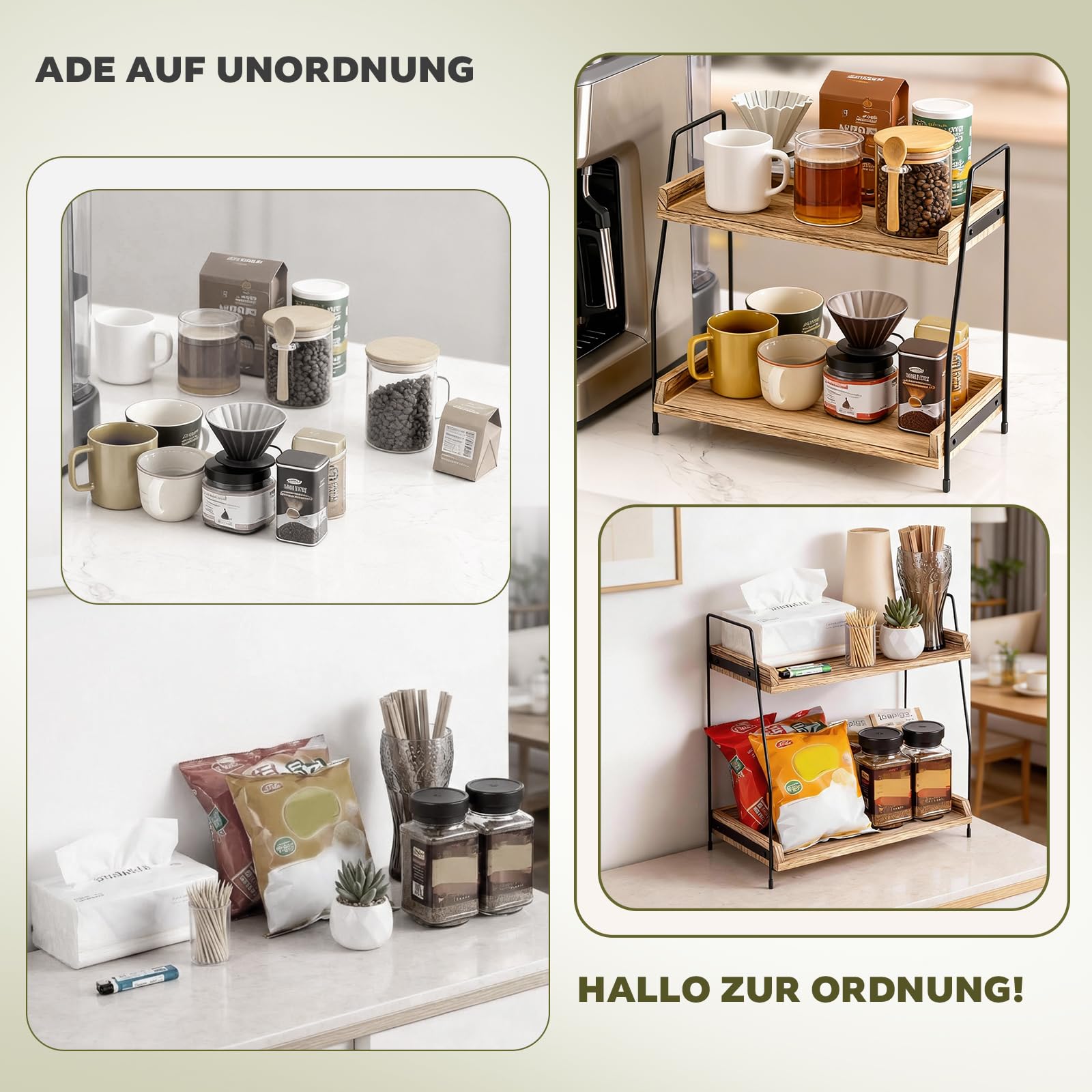 2-stufiges Organizer-Regal aus Holz & Metall | Kaffee- und Küchenregal mit Arbeitsplatte | Für Kosmetik, Bad, Home-Bar | Einfacher Aufbau, Braun