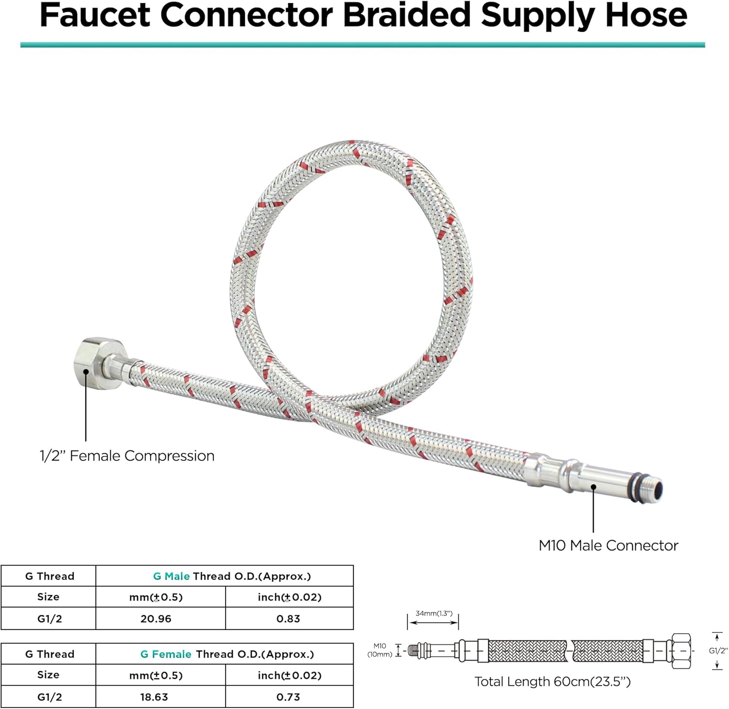 23.5-Inch Bathroom Kitchen Faucet Connector Braided Stainless Steel Supply Hose G1/2'' Female Compression Thread x M10 Male Connector Faucet Supply Line 2 Pcs(1 pair)