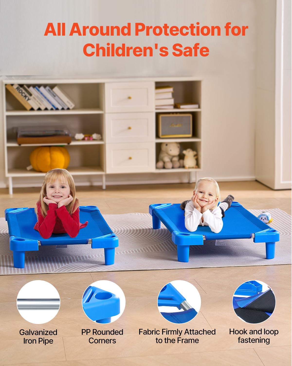 VEVOR Lettino Impilabile per Bambini 102 x 57 cm Lettini Portatili per Pisolino dei Più Piccoli, 6 Pezzi, Dimensioni Standard, Lettini per Asili Nido per Bambini, Letti per Asili Nido per Dormire, Blu