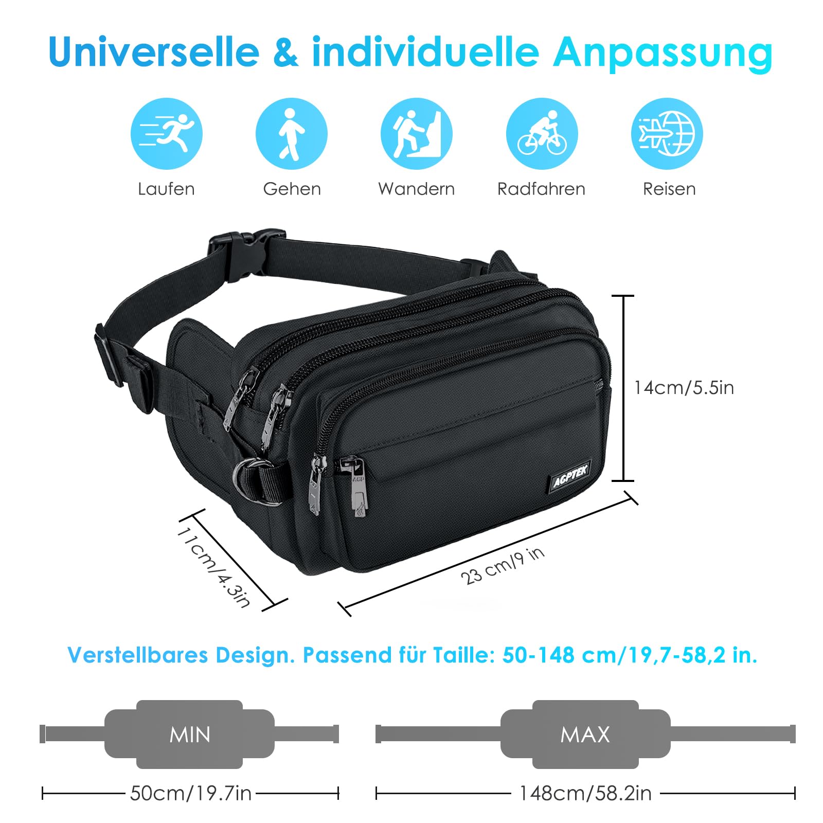 AGPTEK Bauchtasche für Herren und Damen, wasserdichte Gürteltasche mit 5 Einzelfächern, Hüfttaschen für Hundespaziergänge, Reise, Wanderung und Outdoor-Aktivität