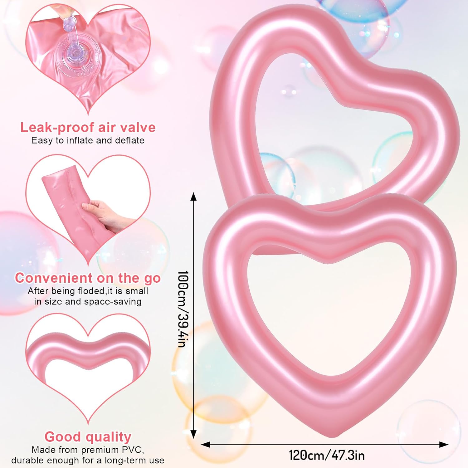 Whaline 3Pcs Inflatable Heart Pool Float Swim Heart Shaped Pool Rings Float Loungers Tube for Summer Swimming Pool Beach Bachelorette Party Rose Gold Pink White 47.3 x 39.4 Inch