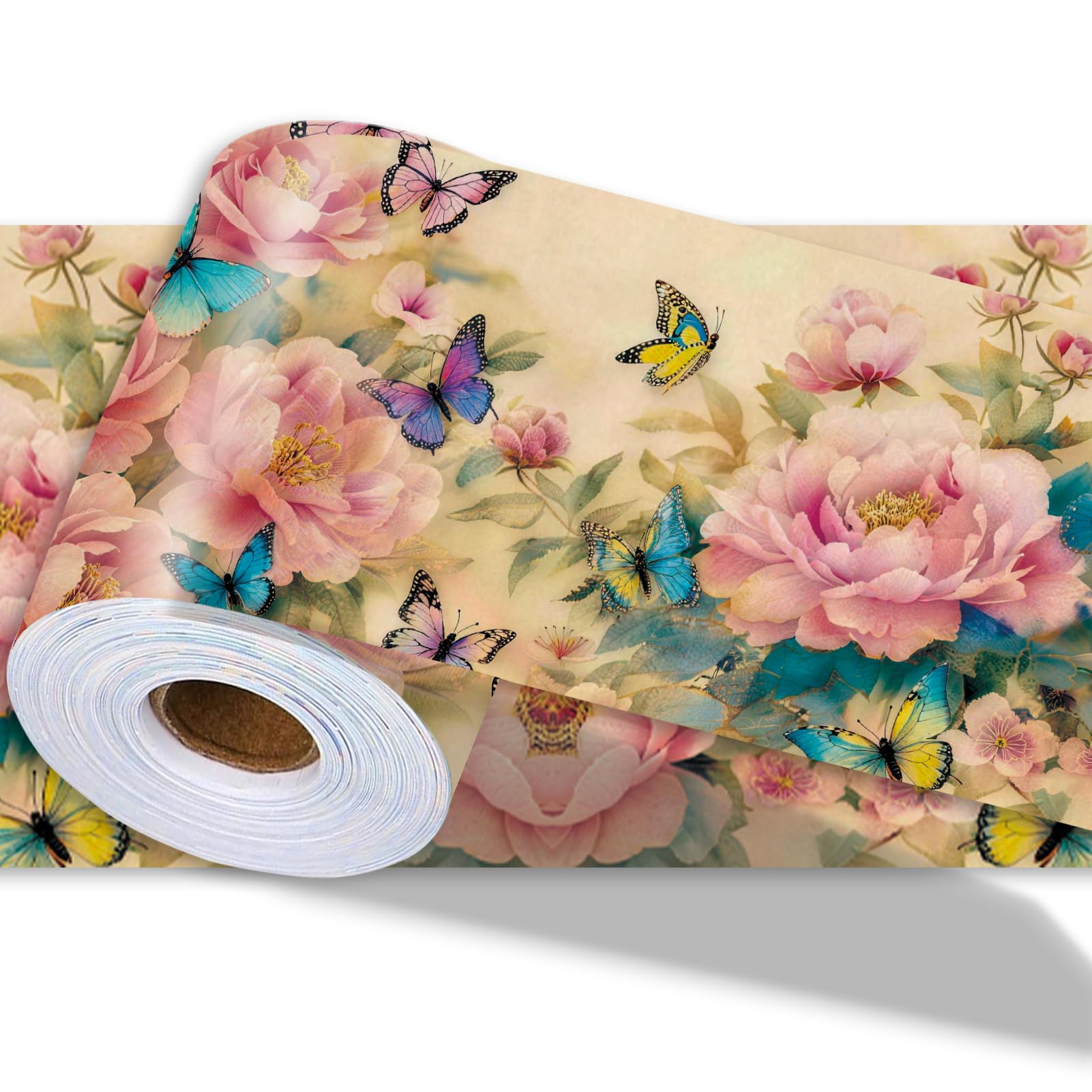 PRESSINART Vintage Floral Wallpaper Border 196.9 x 3.9 Inch Wall Border Trim Peel and Stick Peony Butterflies PVC Decorative Molding Stickers for Bathroom Kitchen Backsplash Hotel Home Decorations
