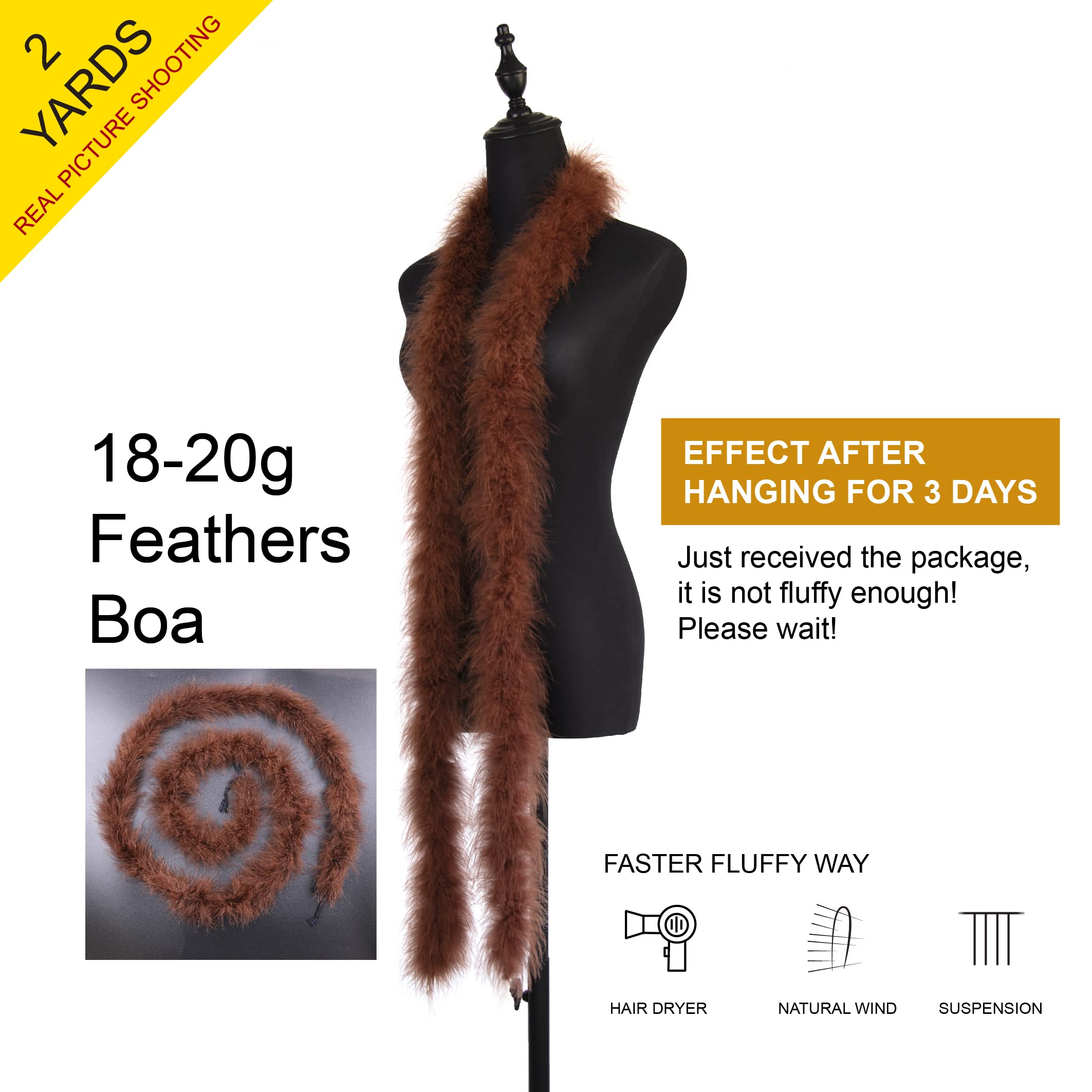 2 Yards 20G Fluffy Marabou Coffee Feather Boa for DIY Craft Sewing Trim Home Wedding Party Christmas Decoration - Image 2