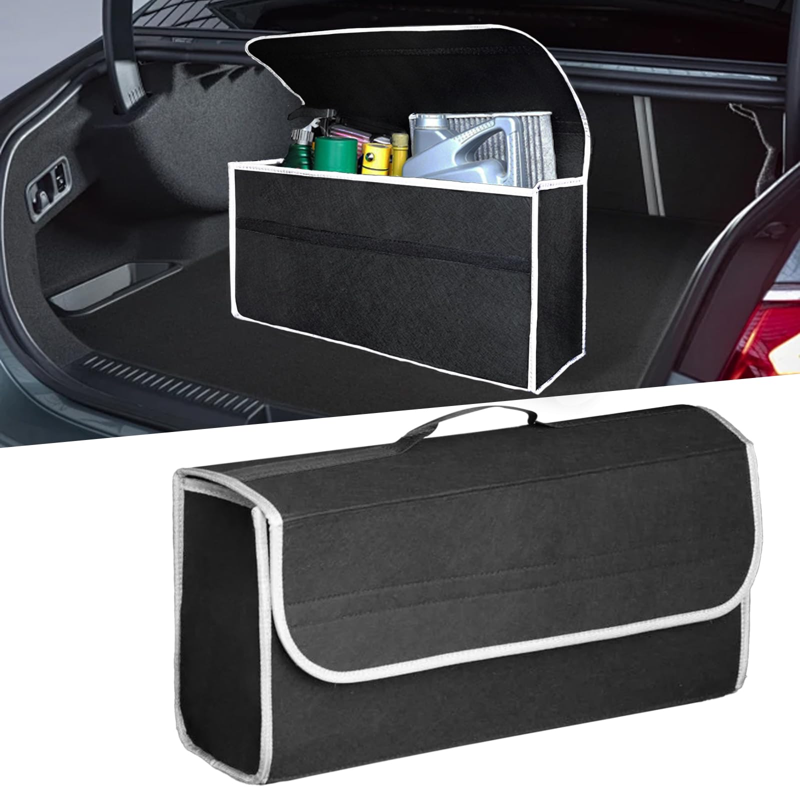Hiahxc Black Car Boot Organiser Bag, Foldable Car Boot Organiser Storage, Anti Slip Felt Trunk Tidy Bag For Storage Auto Tools & Interior Declutter - Suitable For All Vehicles (, Large)
