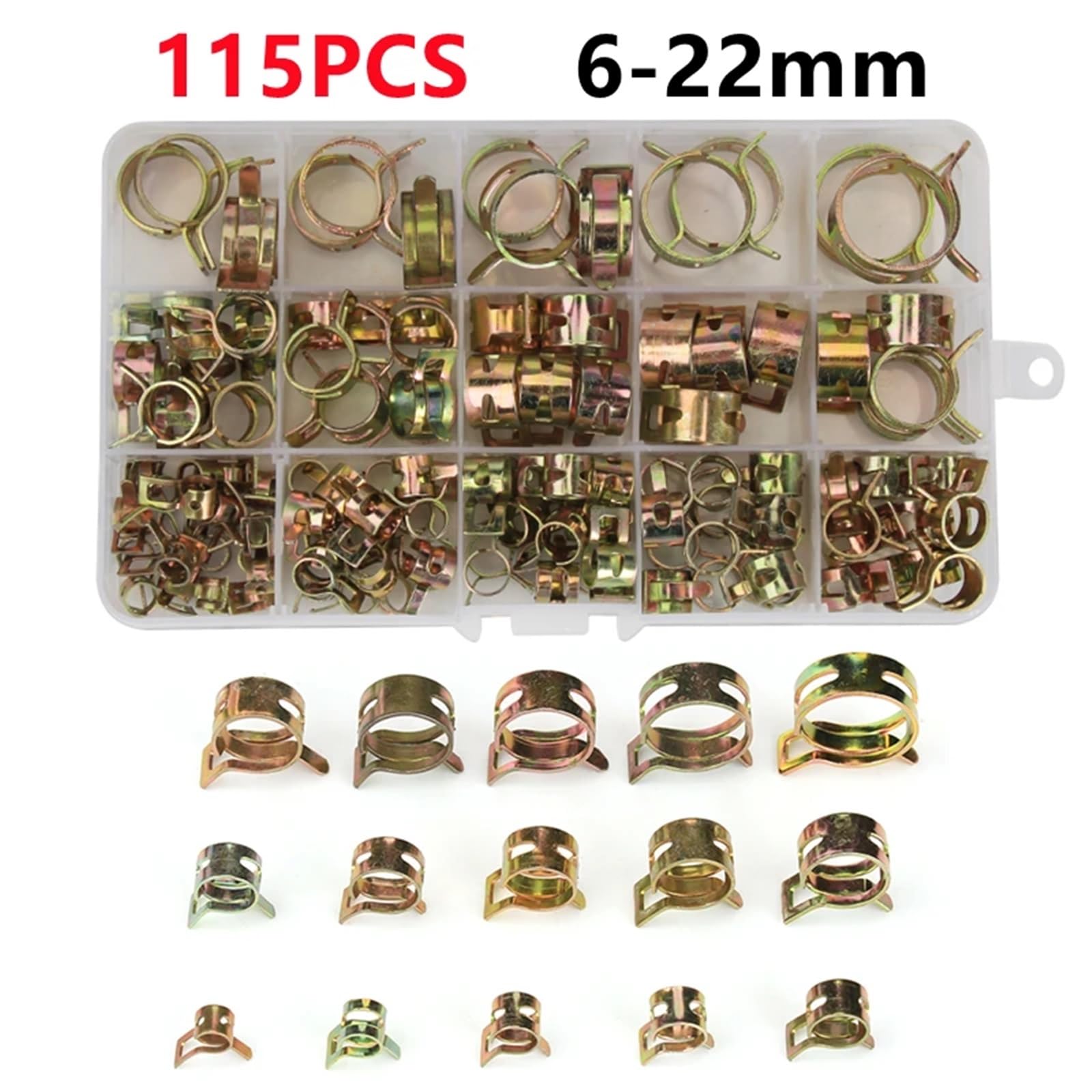 100-165 szt. Zestaw sprężynowych zacisków do węży - 6-22 mm metalowe łączniki rurowe do rur paliwowych, olejowych, wodnych i gazowych(115PCS)