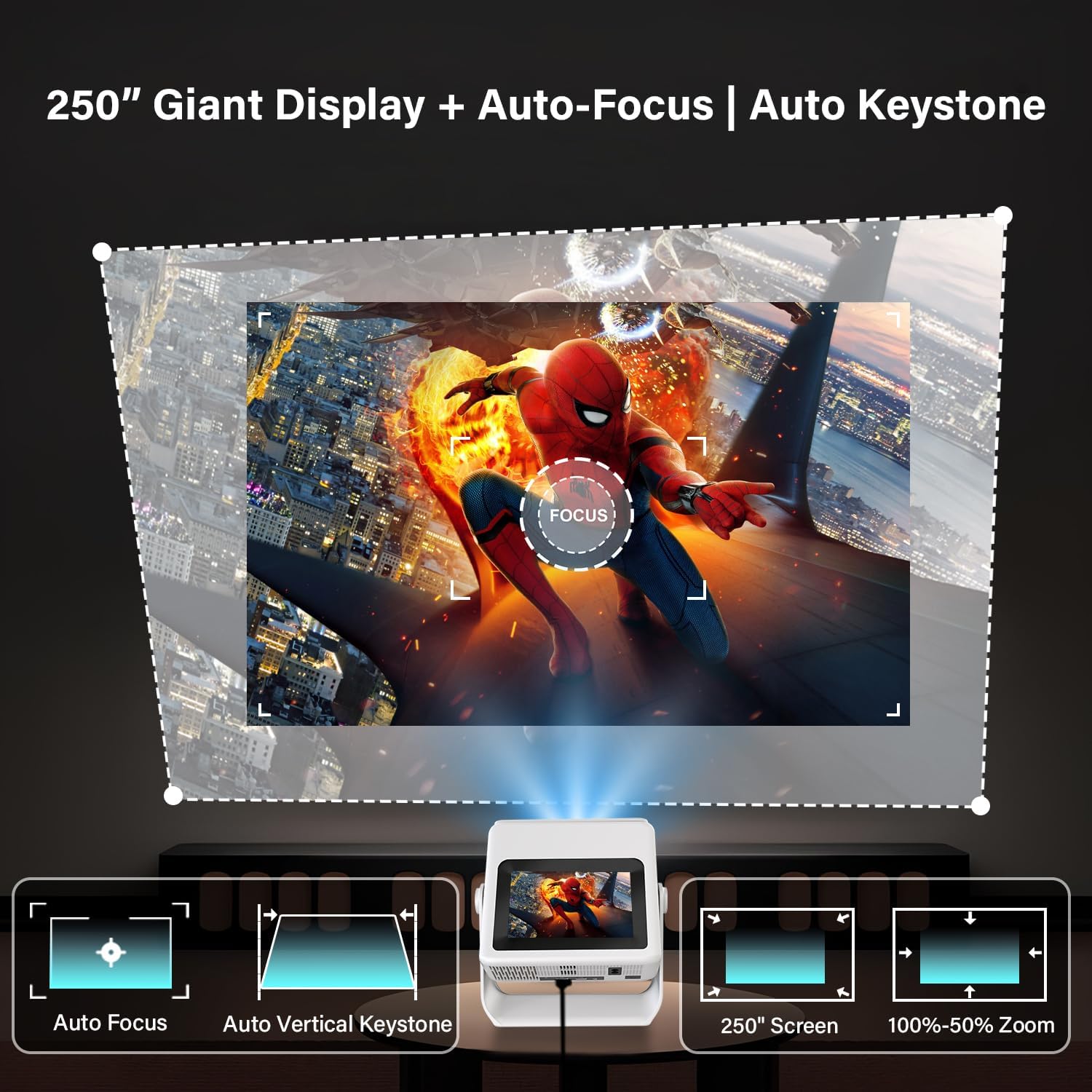 Smart Projector【TouchScreen/Built-in APPs/Auto Focus Keystone】 4K Support with wifi and bluetooth Outdoor Projector, Dual-Screen Sync, for Home Theater/Gaming/Outdoor (180° Stand & 250")