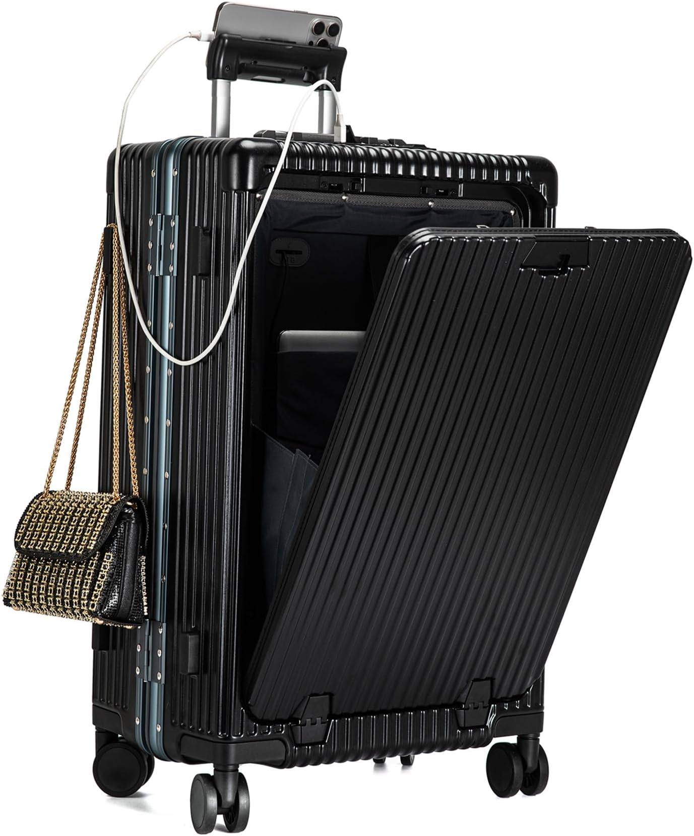 feilario Hardside Expandable Spinner Wheel Luggage, Built-In TSA lock Carry on Suitcase, with USB Port & Cup Holder & Phone Holder, black, 24in, Bussiness