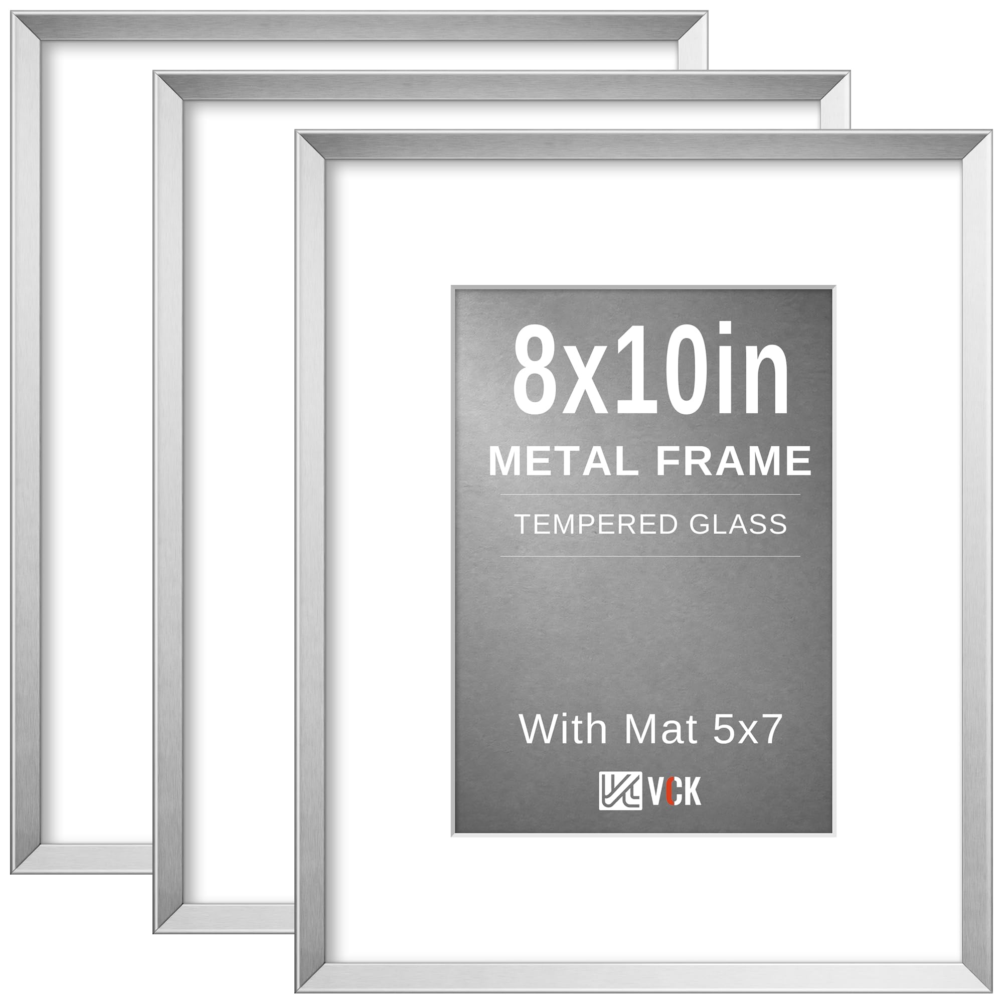 VCK 8x10 Picture Frame Silver 3-Pack, Minimalist Metal Frames with Tempered Glass, Display Photo 5x7 with Mat or 8 by 10 Without, Modern Decor for Home, Office, Studio, Wall Hanging or Tabletop