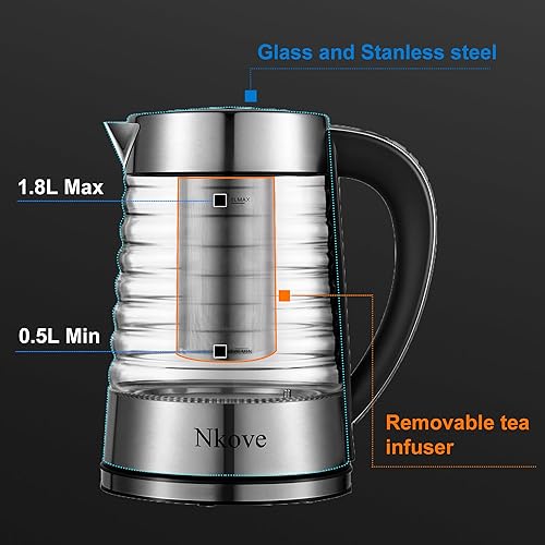 Miniatura 3 de NKOVE Tetera eléctrica de vidrio, caldera de agua con control de temperatura de 1.8L, inalámbrica con luz LED, 60 onzas, color plateado