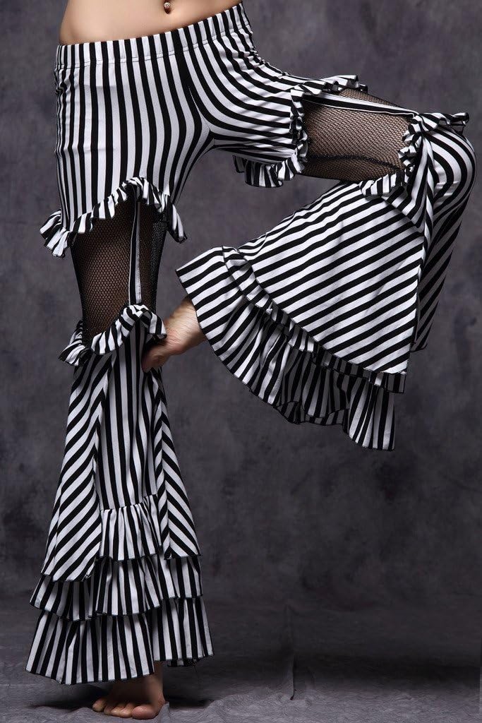 Trible Belly Dance Striped Bell-Bottomed Pirate Pants for Women Rave Outfits Halloween Costume Cotton Black