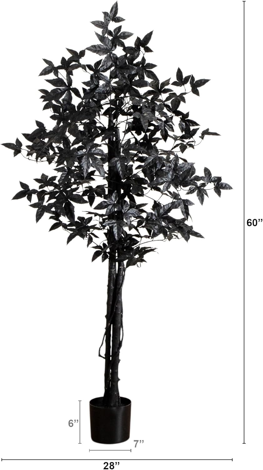 Nearly Natural 5ft Artificial Halloween Black Maple Tree with Natural Trunk - Indoor Decor for Haunting Holiday Display