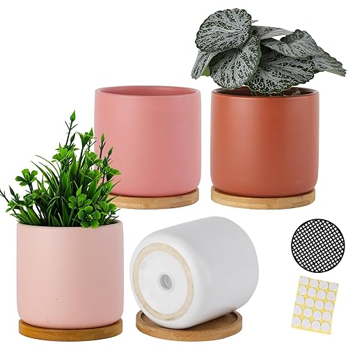 4 Inch Ceramic Plant Pots with Drainage Holes and Trays,