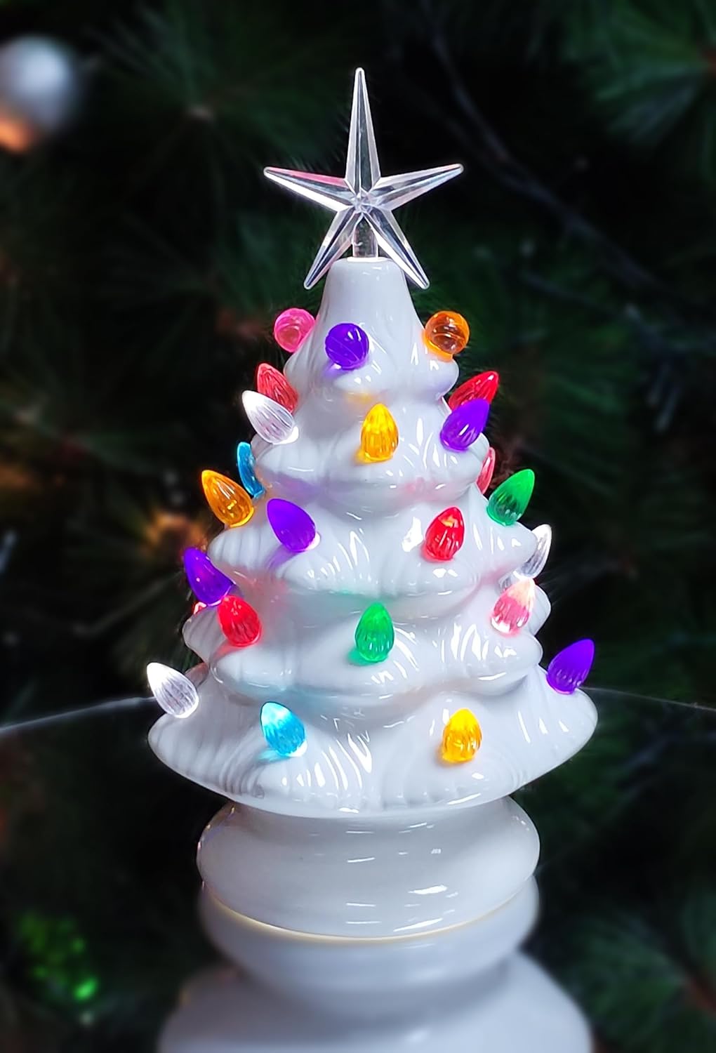 MOMENTS IN TIME Ceramic Christmas Tree 9” White LED Lighted Pre-Lit Tabletop Tree with Multicolor Bulbs & Star Topper, Battery Operated Holiday Décor
