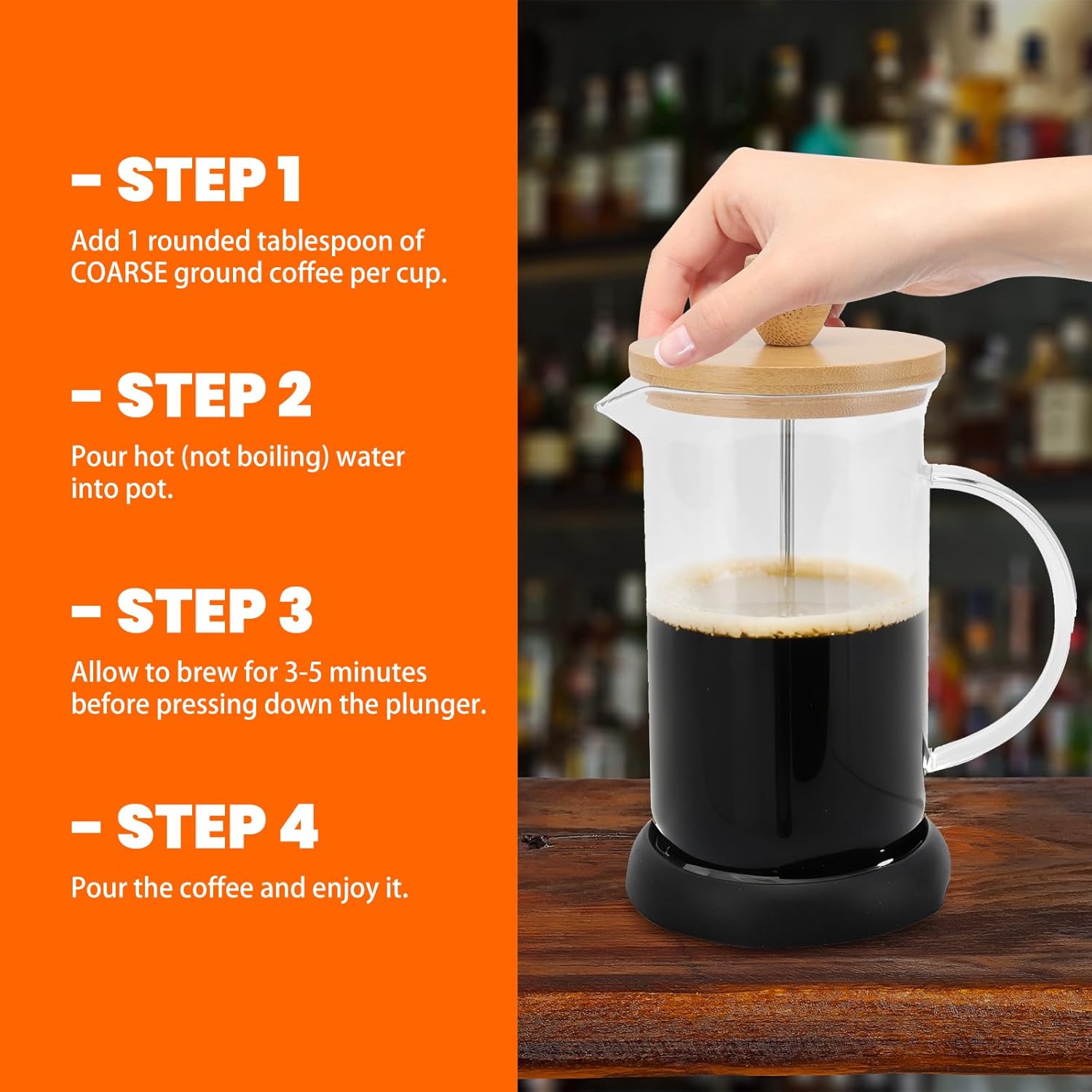 Topyond French Press Glass Coffee Maker, Heat-Resistant Glass, 20oz Bamboo Lid Coffee Press, Tea Press for Loose Tea with Brewer Filtering Function, for Home and Office (600ml