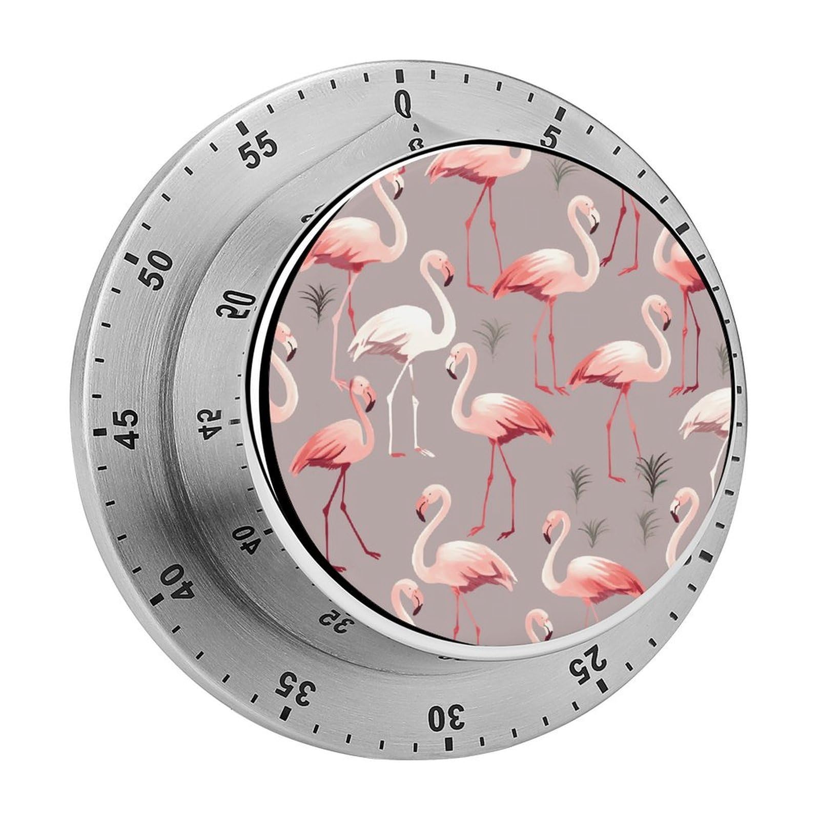 Pink Flamingo Pattern Mechanical Kitchen Timer, Magnetic Stainless Steel Countdown Timer, Loud Alarm Cooking Timer for Baking, Cooking, Fitness, Classroom, No Battery Needed