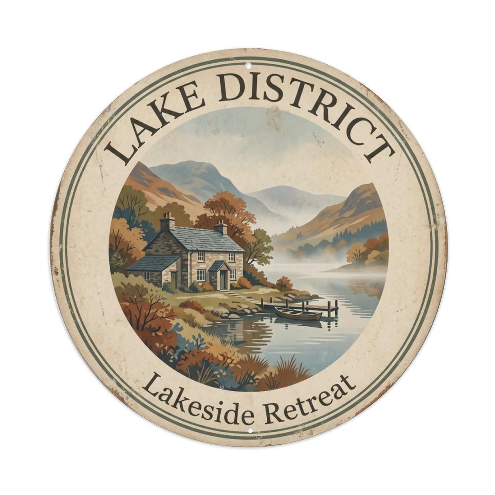 Gtthok Vintage Style-13 Vintage Travel Lakeside Cottage Cumbria Metal Tin Sign Plaque Wall Decor For Cafe, Club, Garden Round Metal Poster 8X8inch