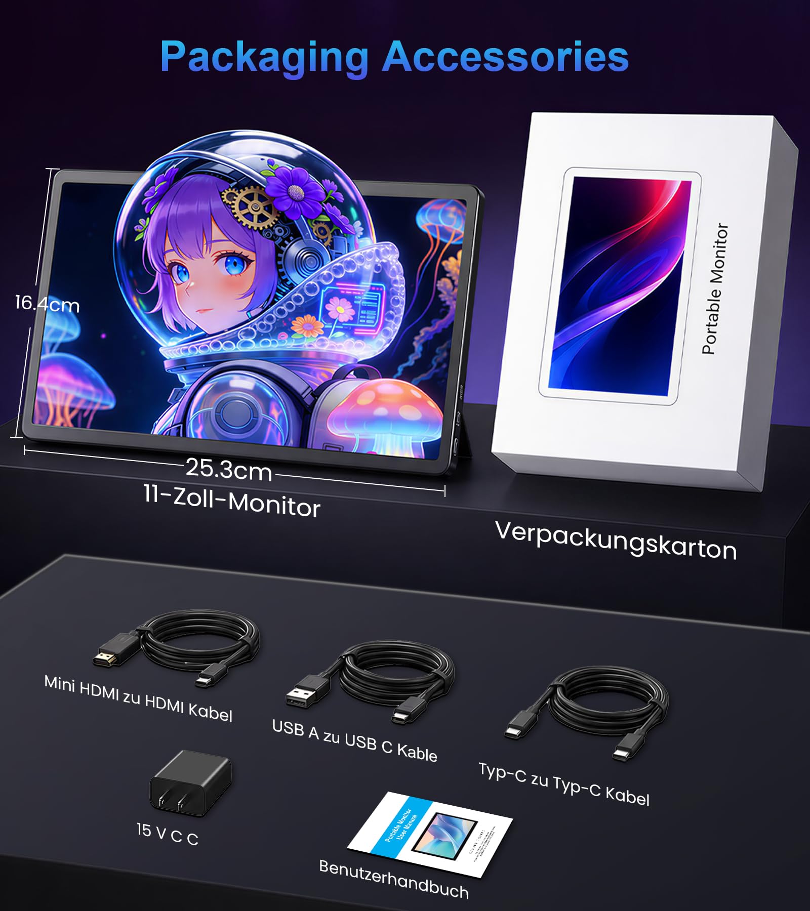 11 Zoll Touchscreen Monitor 100% NTSC 139% sRGB, 2.5K 2560 * 1600 IPS Tragbares HDMI USB C Touchscreen Display 16:10 400 nits mit Kickstand, Mini Minotor für Laptop, PC, Business