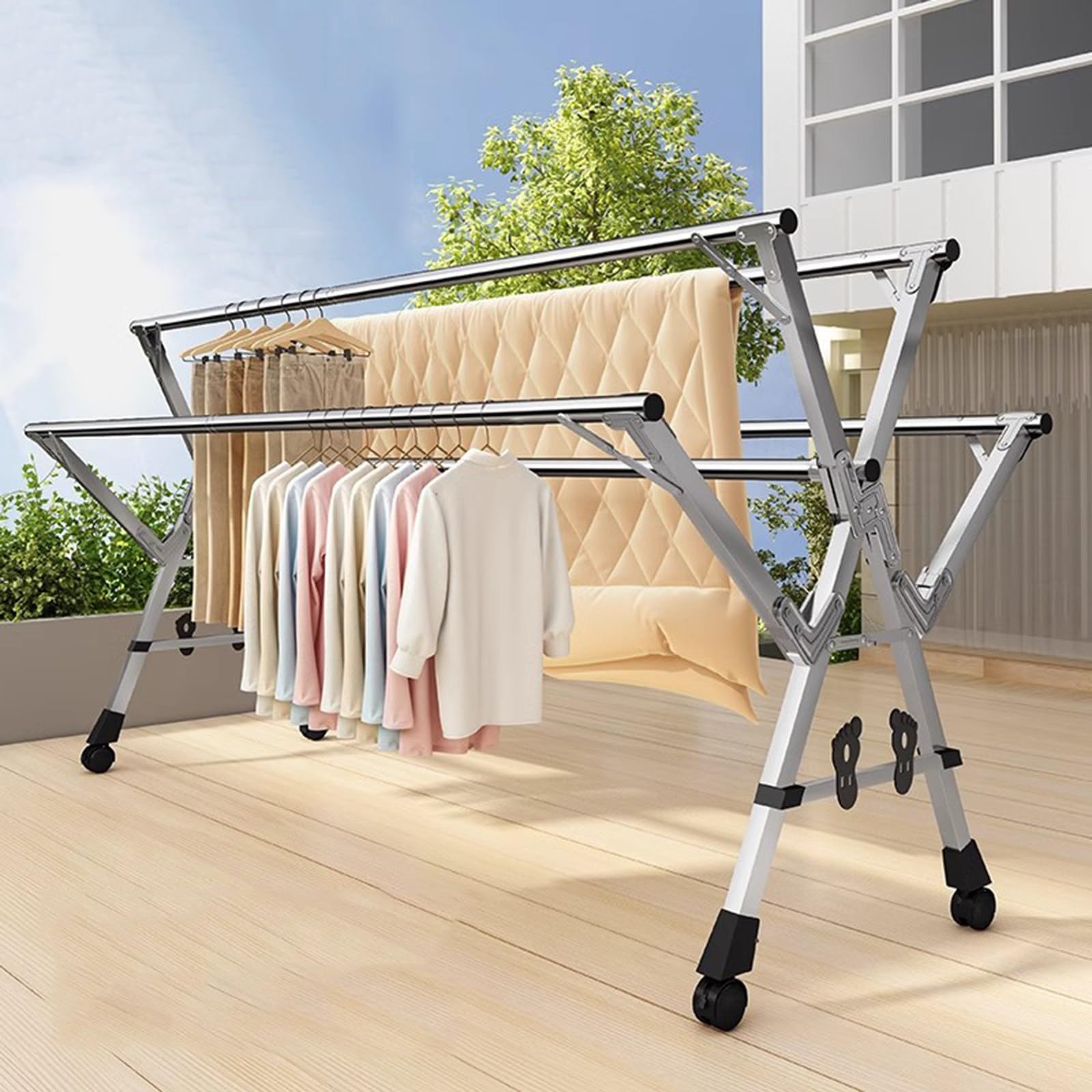 Tendedero Extensible, Tendedero Plegable de Acero Inoxidable,Grande Secadora Pplegable con Ruedas,Tendedero Exterior e Interior 20 Ganchos 12 Clips,150-240cm