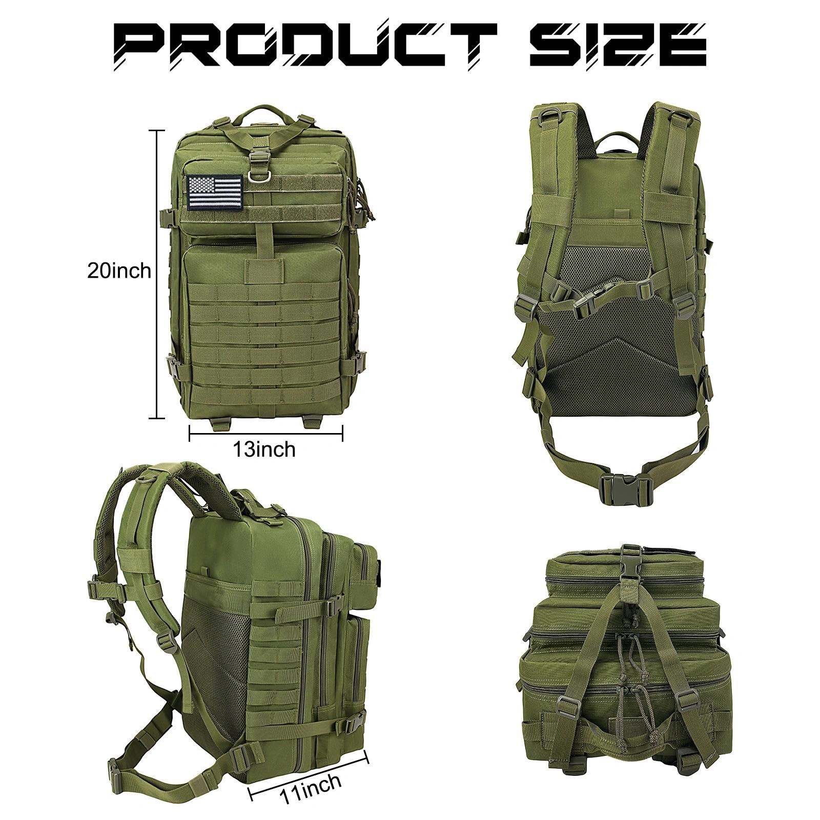WOLT Zaino tattico militare da uomo, grande zaino militare d'assalto di 3 giorni con borsa MOLLE per attrezzatura di sopravvivenza da escursionismo, borsa gamma, Verde, Large, ‎Zaino tattico