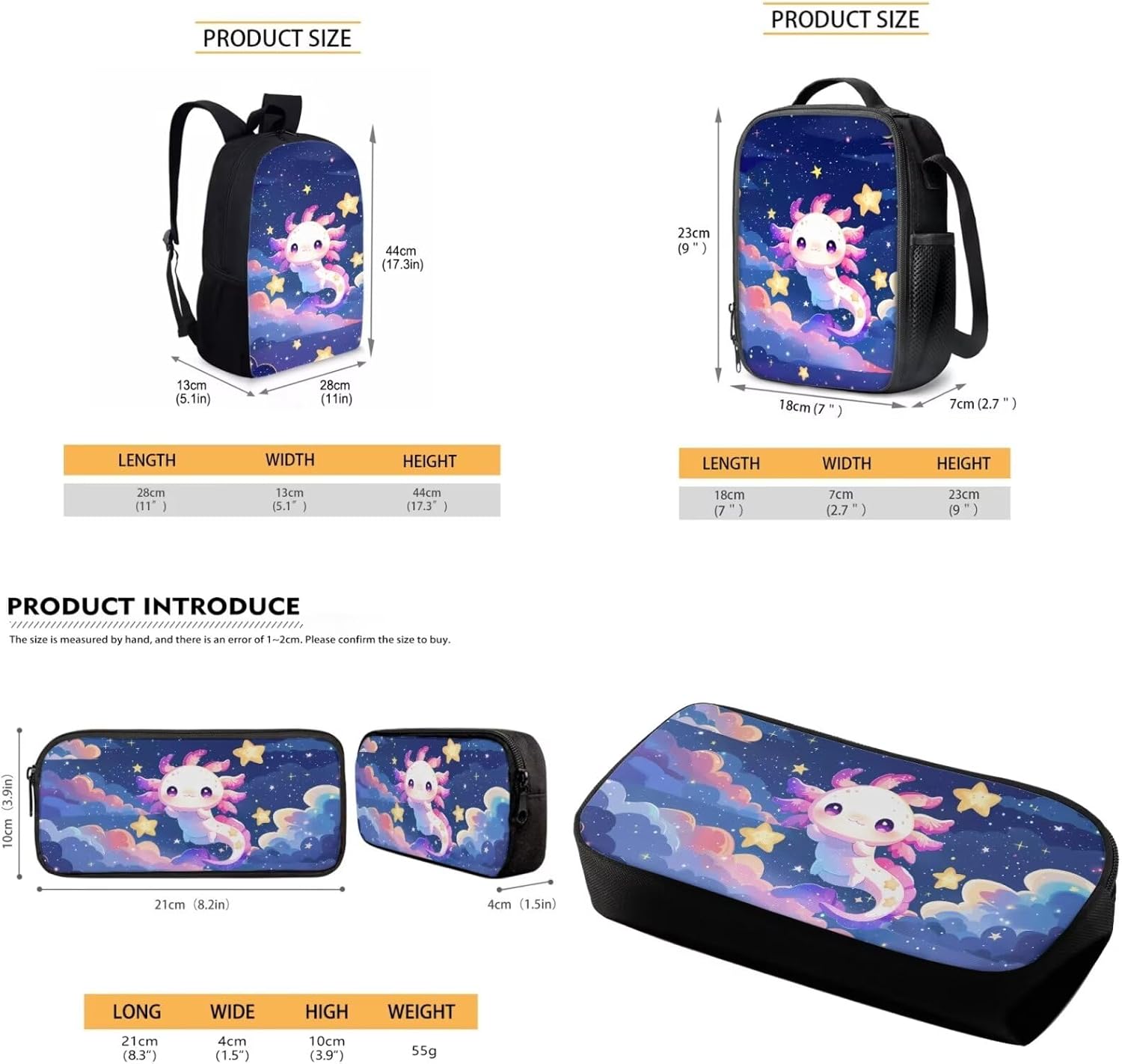 Babrukda Cute Axolotl Star Print School Bookbag Set Kids Teens Book Bag with Thermal Lunch Box Pencil Case 3pcs Backpack Set for Grade 1 2Nd Grade 3Rd Student Girls Boys Daypack with Side Pocket