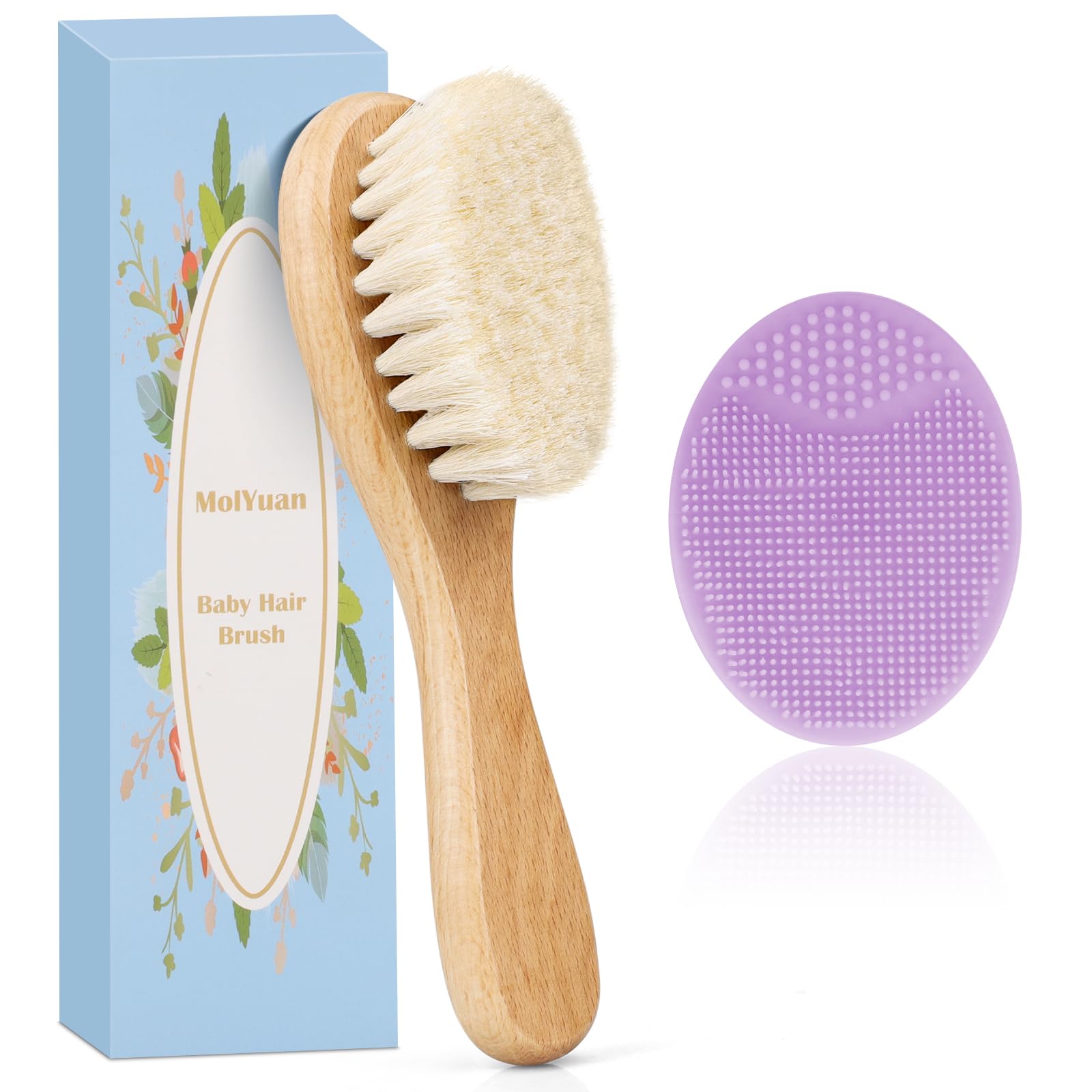 MolYuan Baby Haarbürste, Hölzerne weiche ziegenhaarbürste, Baby Silikon Haar Cradle Cap Pinsel Set für Neugeborene, Kleinkinder, Haarbürste Baby Set (2 Stück (Lila Silikonbürste + Haarbürste))