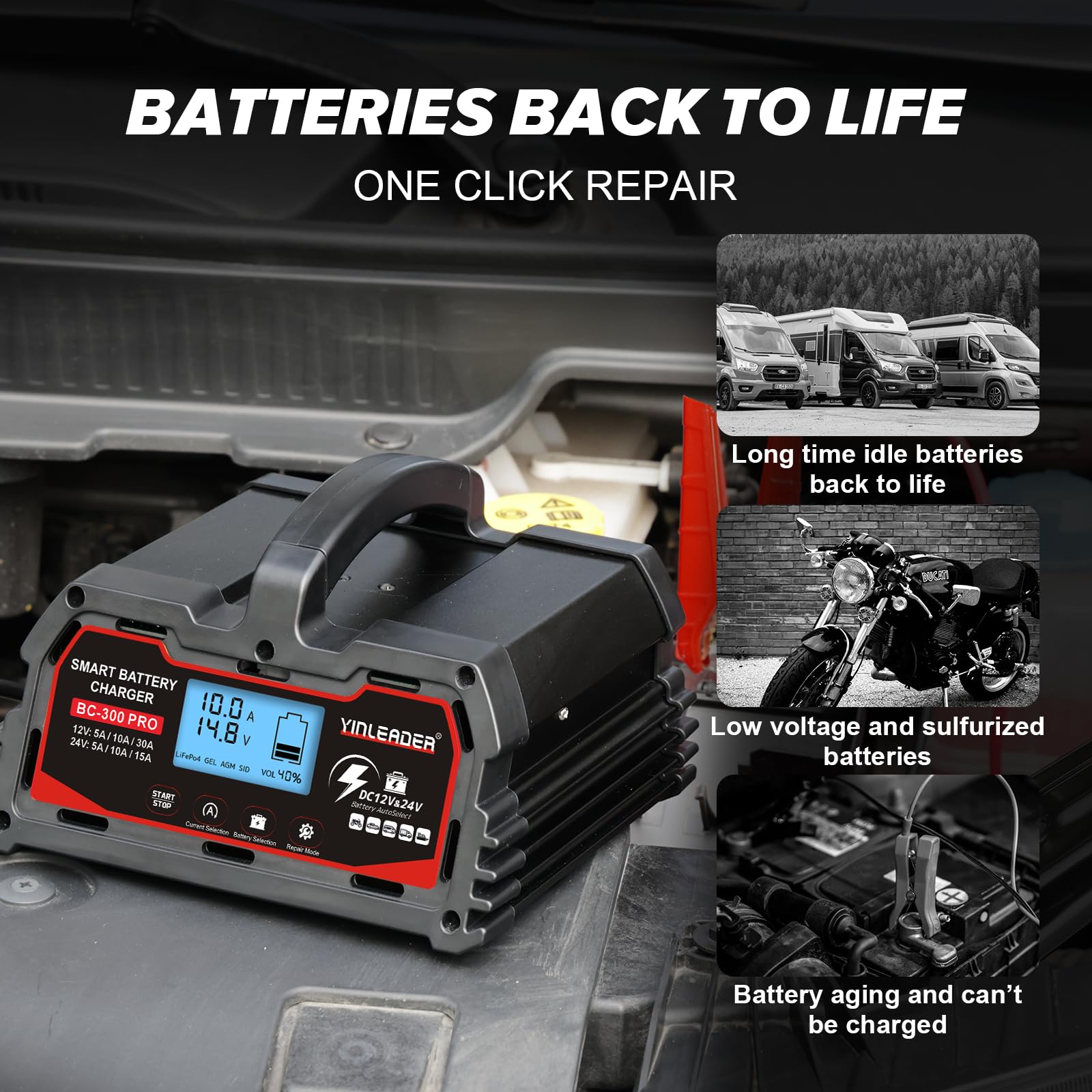 Cargador de batería inteligente 30 A, 12 V/24 V de plomo-ácido, cargador de batería de coche LiFePO4 12 V, sostenedor automático de batería para coche, motocicleta, cortacésped, barco