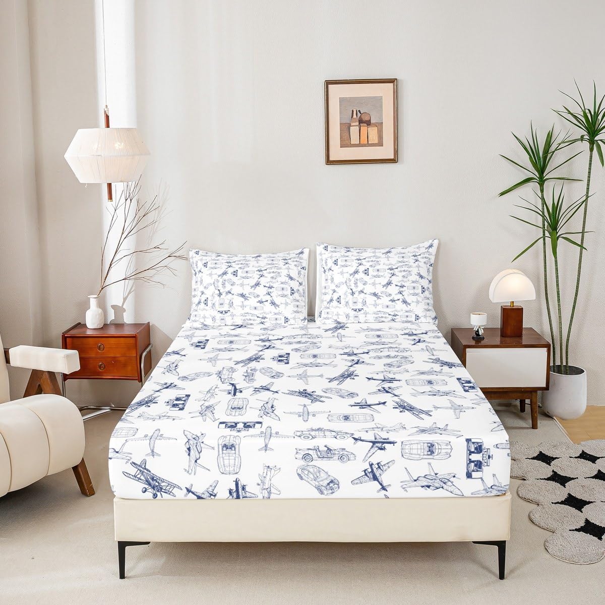 Feelyou Aircraft Bed Sheets Set Kids Airplane Print Sheet Set Boys Girls Decor Aircraft Flying Sheets with Deep Pocket Fitted Sheet Microfiber Sketch Style Blue White Bedding Set Bedroom Full Size - Image 5