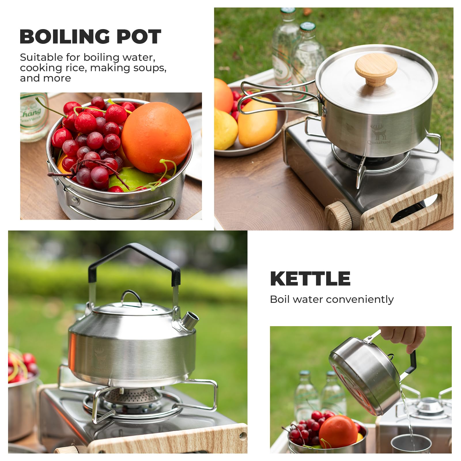 Camping Kochgeschirr Set, Topf 1,5 L und Teekessel 1,1 L | Kompaktes Platzsparend Stapelbar für Camping, Wandern, Outdoor Küche, Edelstahl