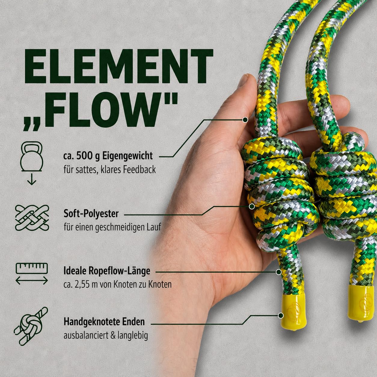 Ropii Rope Flow Seil | gewichtetes Flow Rope aus Soft-Polyester für Mobility, Koordination | handgeknotet | 3 Gewichte: ca. 380 g, 500 g, 1 kg | Designed in Berlin