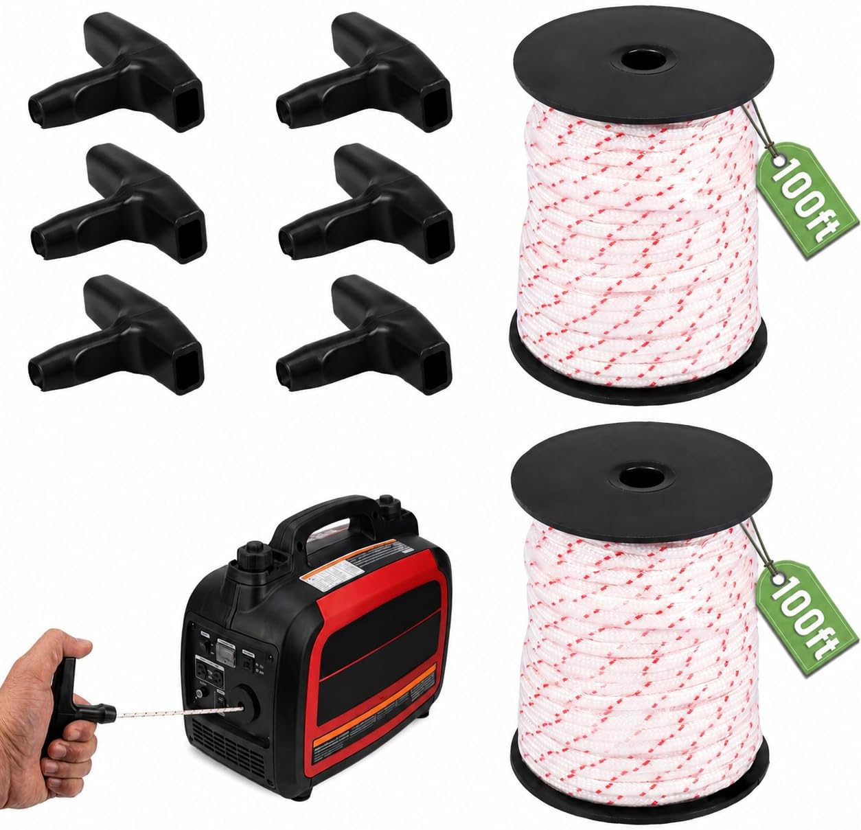2 Set 3.5mm 100Ft Starter Rope, 9/64" Pull Cord Rope for Small Engine with 6 Starter Handle, Wear Resistant, Low Stretch Replacement for Lawn Mower Chainsaw Trimmer Edger Brush Cutter Engine