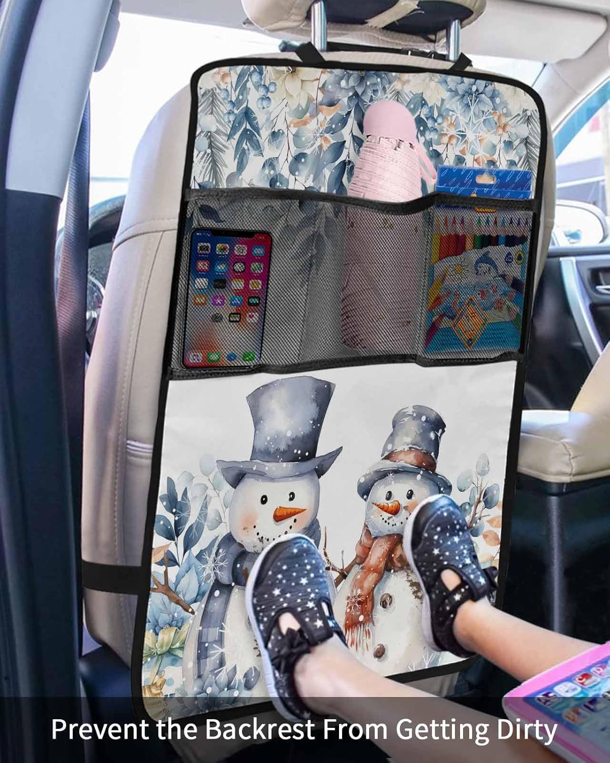 Car Seat Protector, 2 Pack Kick Mats with Organizer - 3 Pocket Storage, Blue Christmas Snowman Gift Flower Holly Eucalyptus Back Seat Cover for Kids Universal Fit Automotive Interior Protectors
