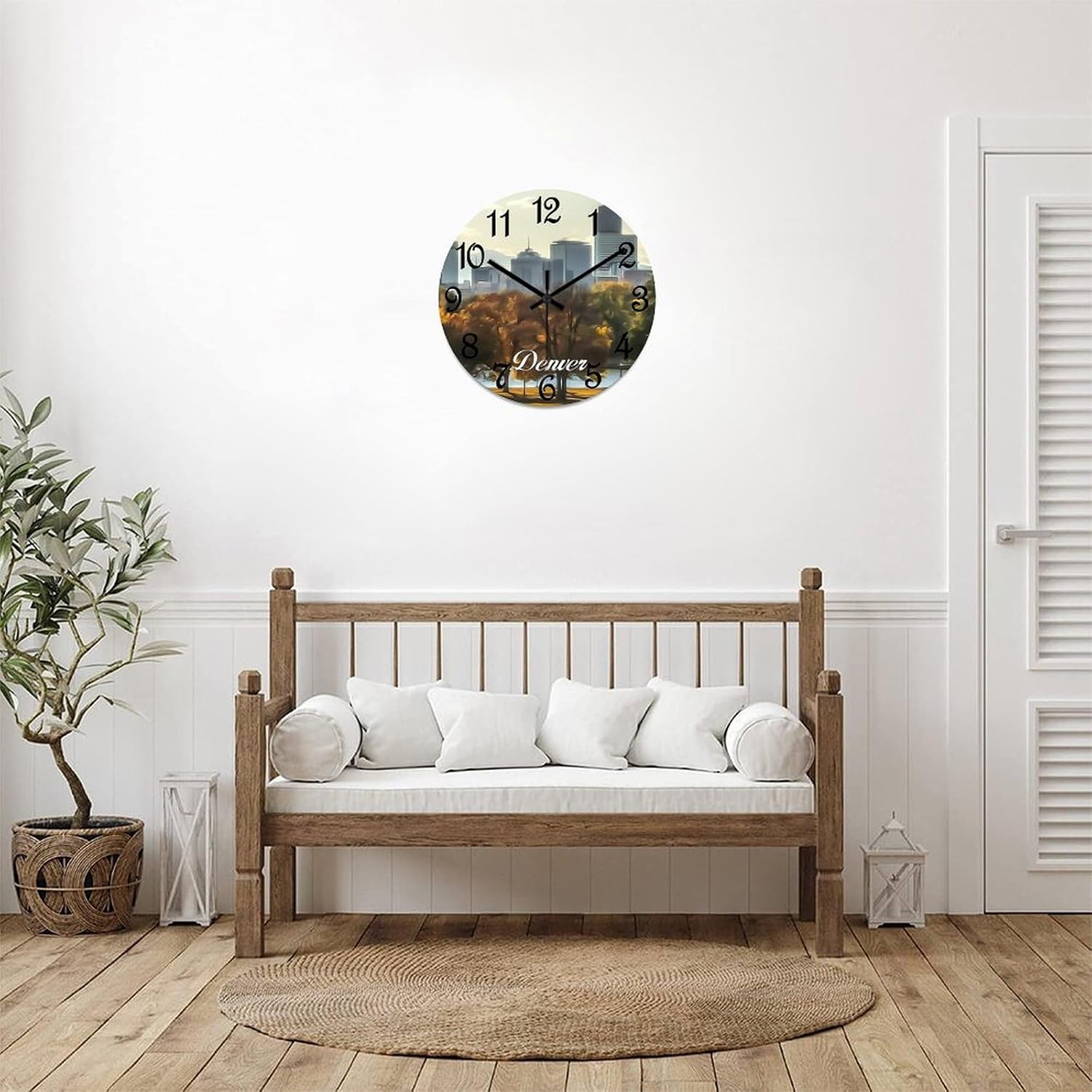 Denver Wall Clock Denver City View Wooden Wall Clocks Battery Operated 12 Inch Non-Ticking Retro Cabin Wall Decor for Kitchen Bedroom Living Room Office