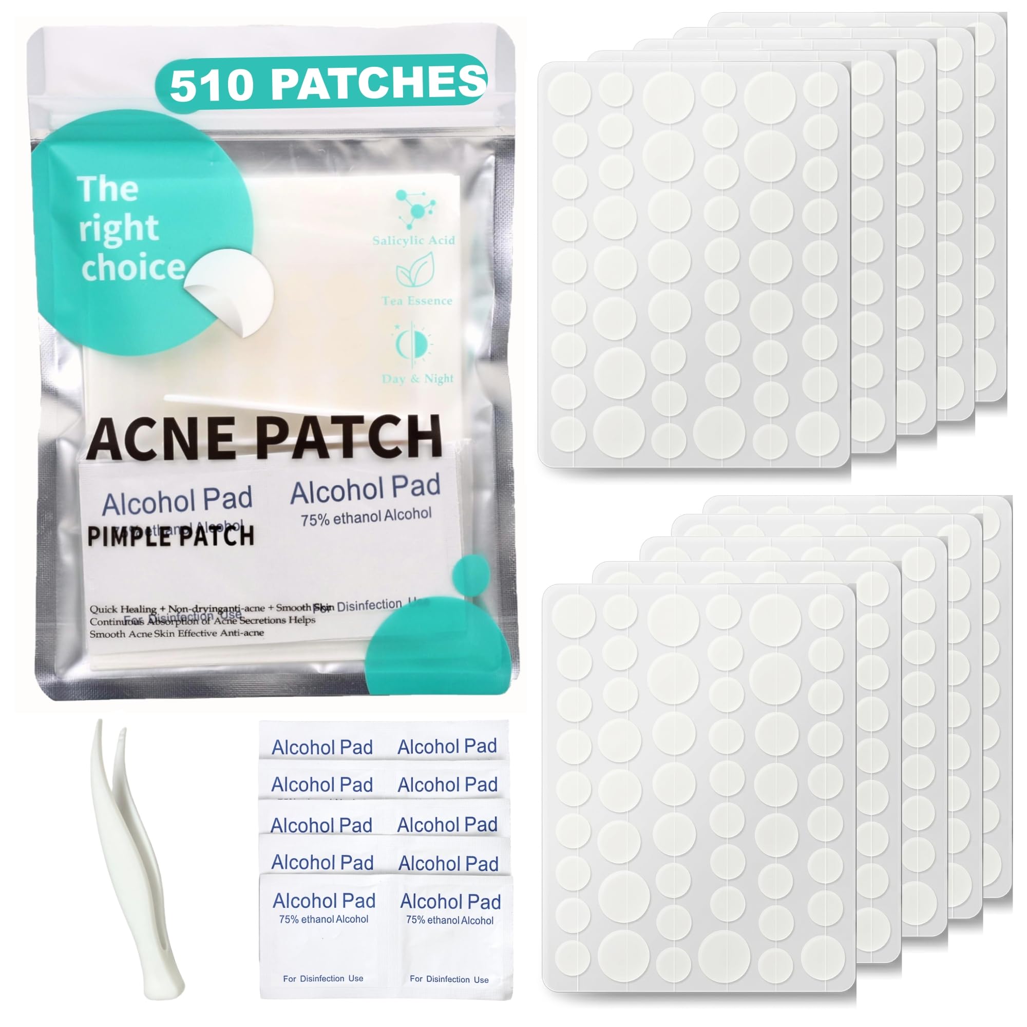 510 Stück Pickel Patch - 3 Größen Hydrokolloid Akne Pflaster mit Pinzette & 10 Alkoholtupfern - Unsichtbare Anti-Pickel-Pflaster, Akne-Pads & Spot Treatment - Matt & Wasserfeste Pickel-Sticker Heilung