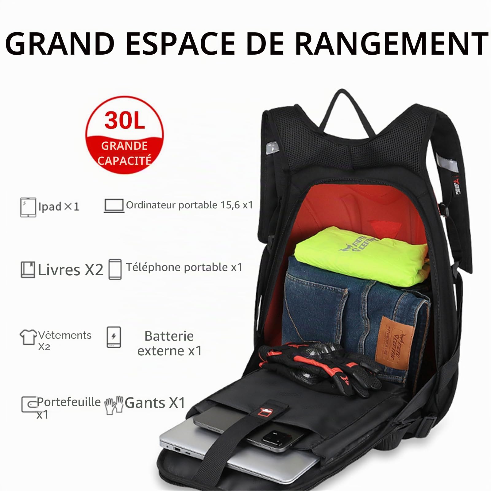 Sac à dos de moto imperméable en fibre de carbone avec coque rigide réfléchissante