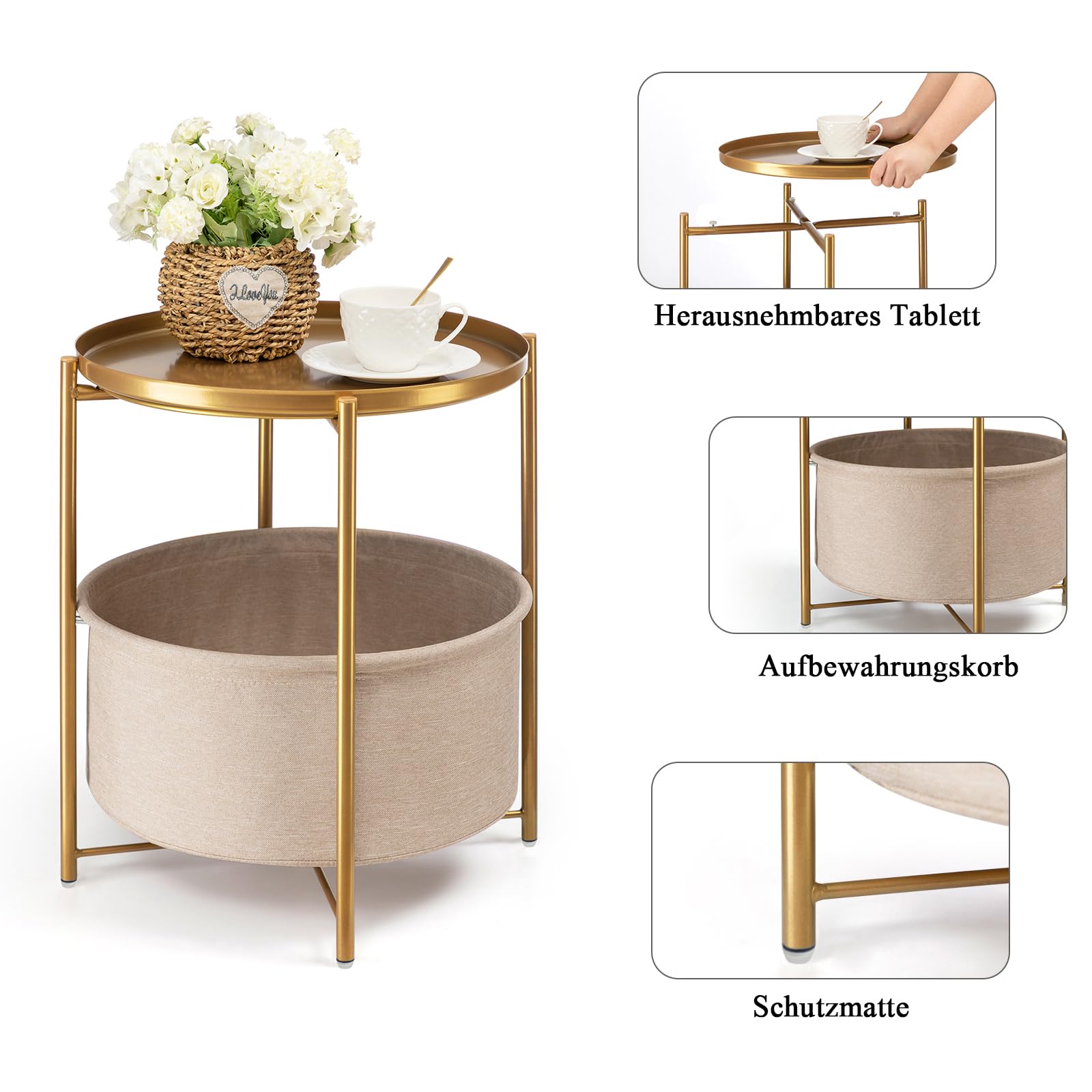 danpinera Beistelltisch Rund, Beistelltisch Gold mit Stauraum, Kleiner Tisch für Nachttisch, Rund Metall Kleiner für Wohnzimmertisch, Schlafzimmer, Kinderzimmer, Gold