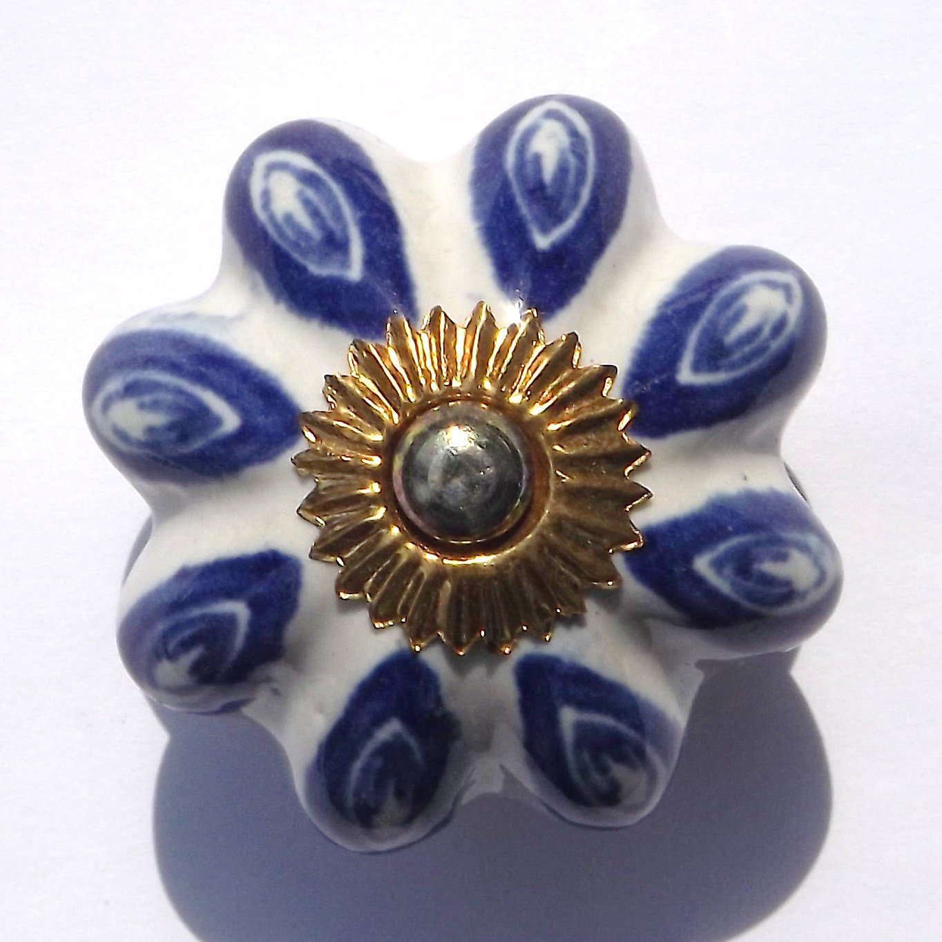 White Large Flower with Blue Petals (Brass Fittings) Ceramic Cupboard Door knobs Drawer pulls Shabby Chic Handle Porcelain