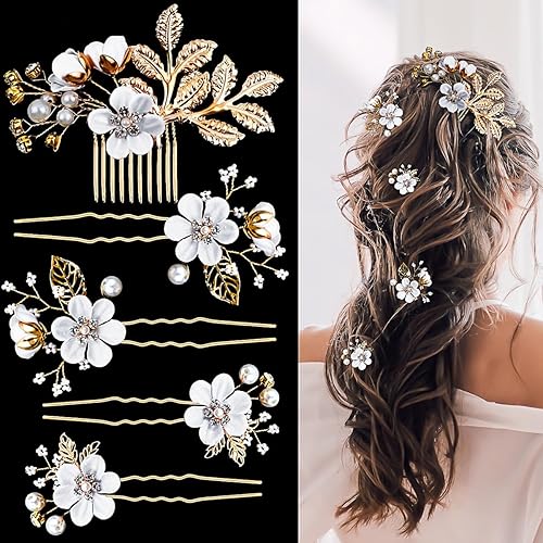 5 horquillas para el pelo de boda con flores para novia, perlas, diamantes de imitación, horquillas para el cabello de hoja dorada, joyería para el
