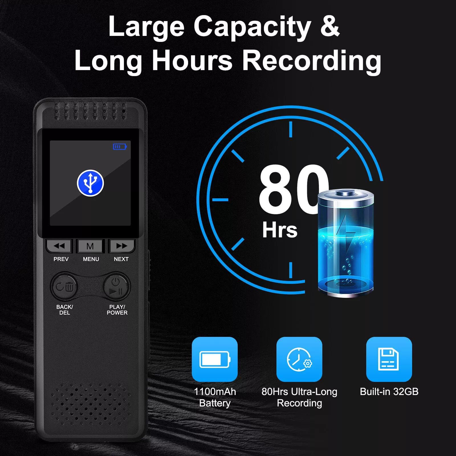 32GB Digital Voice Recorder Voice Activated Recorder MP3 Player Gift Portable MP3 Audio Recorder
