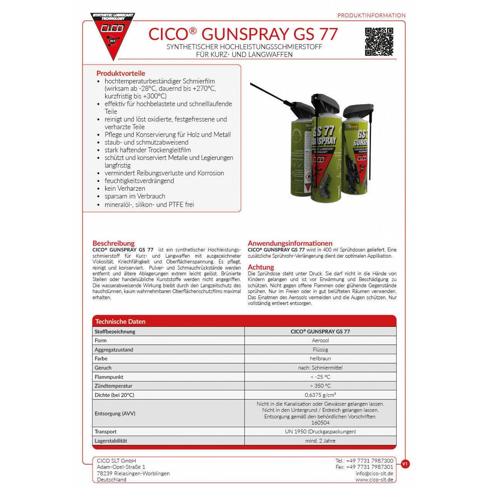 CICO GS 77 Gunspray 400ml Spray - temperaturbeständige Waffenpflege für Luftgewehr, Schreckschuss oder andere Waffen, Schmiermittel mit Korrosionsschutz, Pflege-Öl - Waffenreiniger