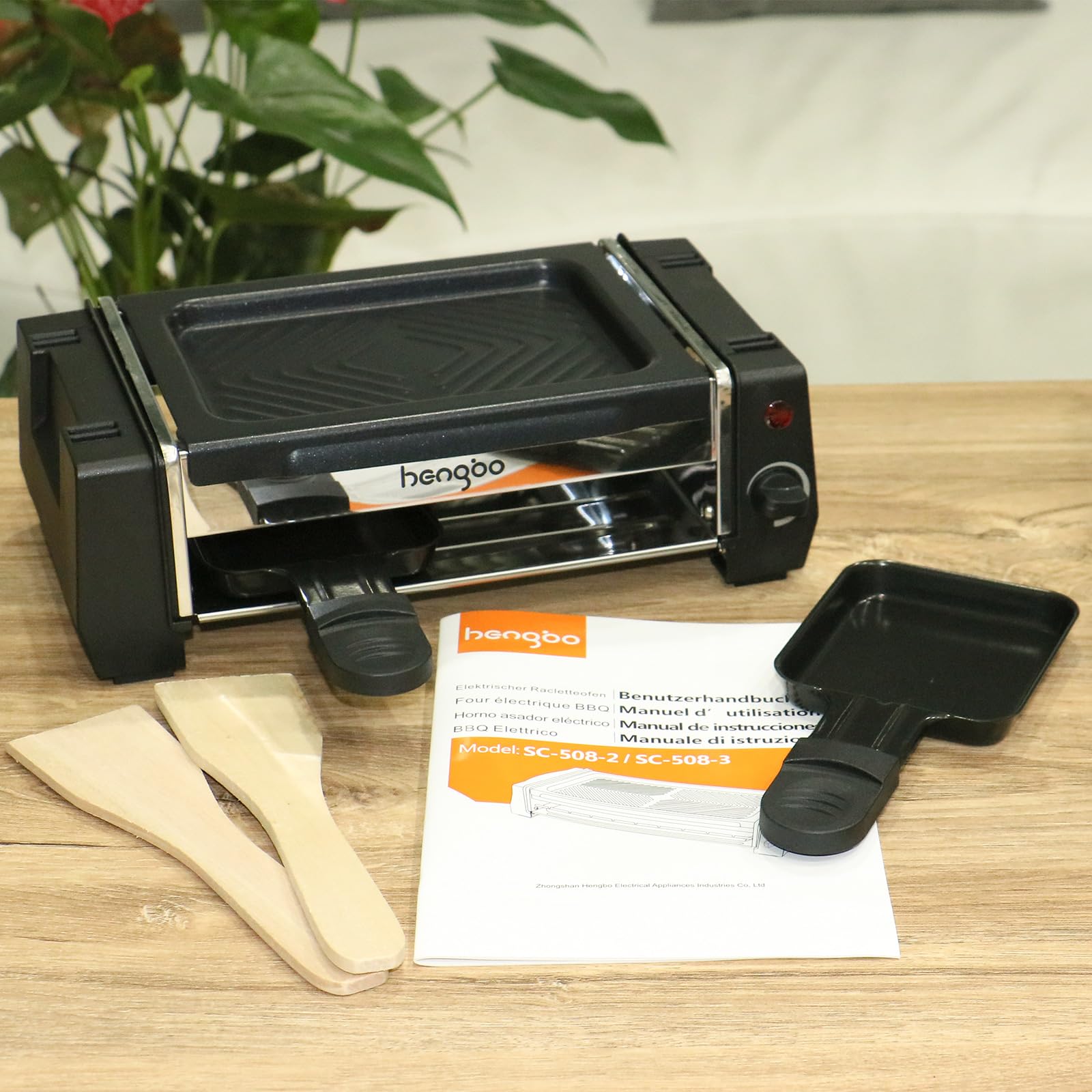 Mini Appareil à Raclette 2 Personnes, Plancha Électrique, 500 W | Gril électrique de table avec plaque antiadhésive réglable, 2 poêlons et 4 spatules pour griller et faire fondre le fromage