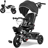 RIDYEE 7-in-1 Toddler Tricycle 18M-5Y: All-Terrain Rubber Tires, Dual Brakes, 360° Seat, DIY Stickers, Grey