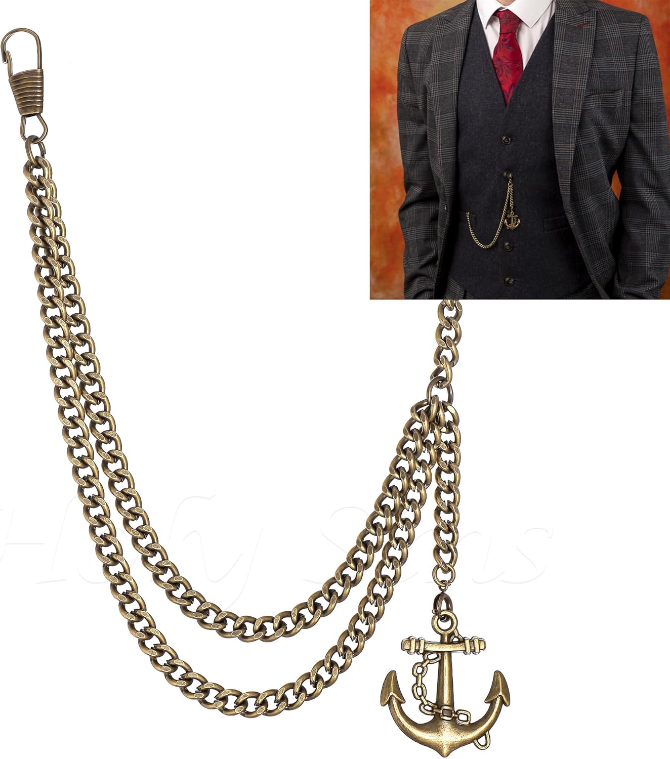 Made in The UK Bronze Colour Single Albert Pocket Watch Chain with Anchor Pendant