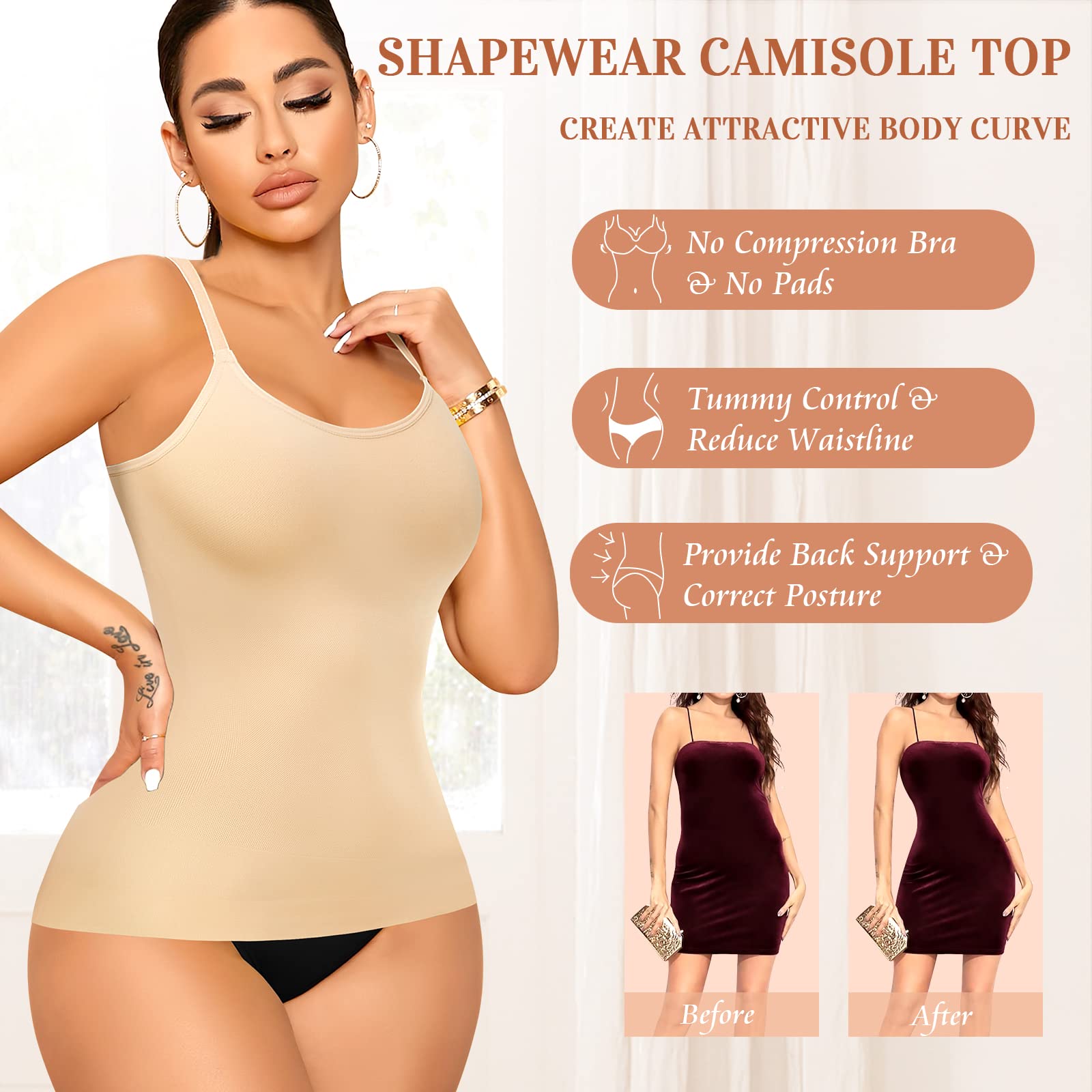YARRCO Shapewear Camisole Tops for Women Tummy Control with Built in Bra Compression Top Vest Shirt Body Shaper