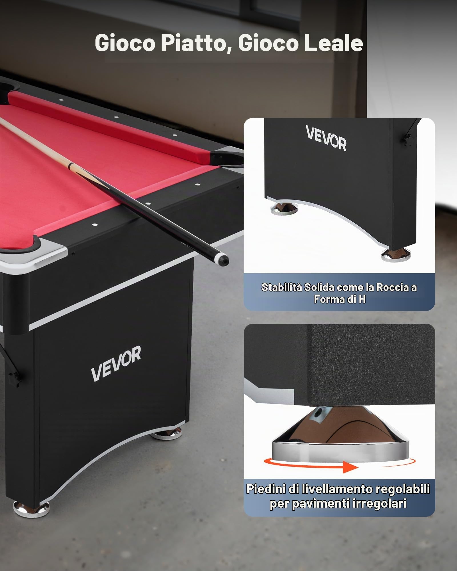 VEVOR Set Tavolo da Biliardo Pieghevole, 183 cm con Finitura in Legno, Portatile Tavolo da Gioco con Piedini Regolabili, Set Completo con Palline, Stecche, Rastrelliera, Gesso, Nero con Panno Rosso
