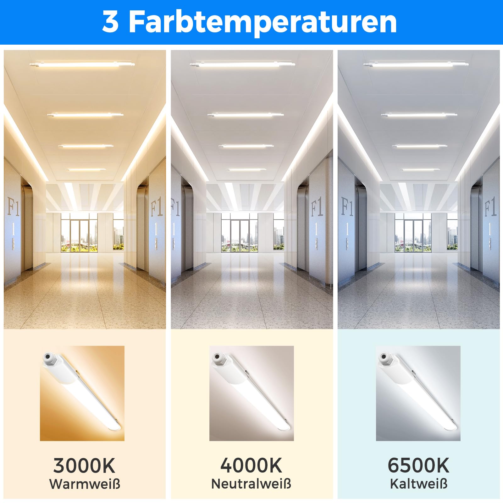 Peasur Feuchtraumleuchte LED 60CM, 3000K/4000K/6500K LED Deckenleuchte Röhre 18W 1980LM Leiste Flach, IP65 Wasserfest Lampe Lichtleiste für Werkstattlampe Kellerlampe Leuchtstoffröhre