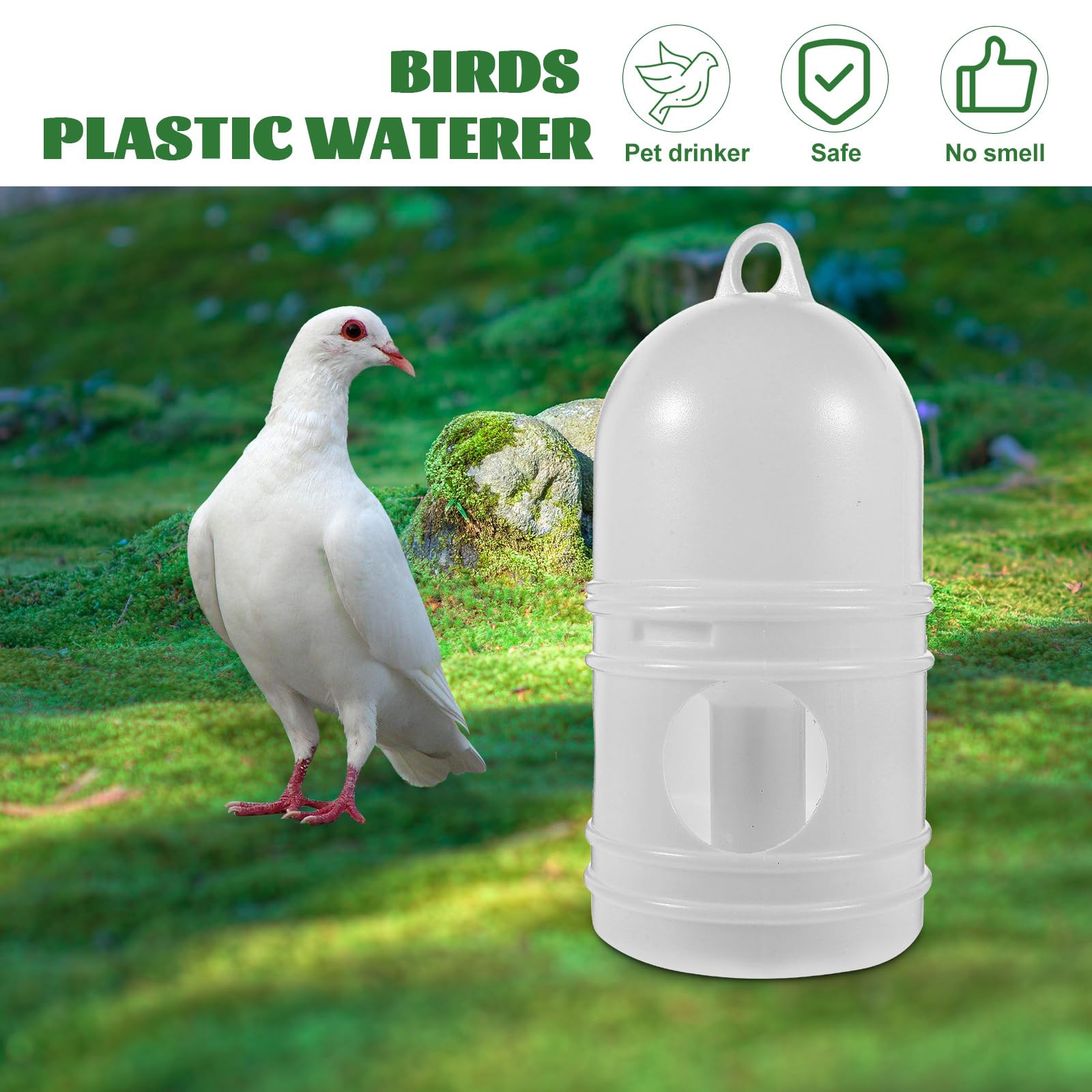 Distributeur d'eau pour oiseaux – 2 abreuvoirs en plastique avec poignée pour pigeons, oiseaux automatiques (1 L, blanc)