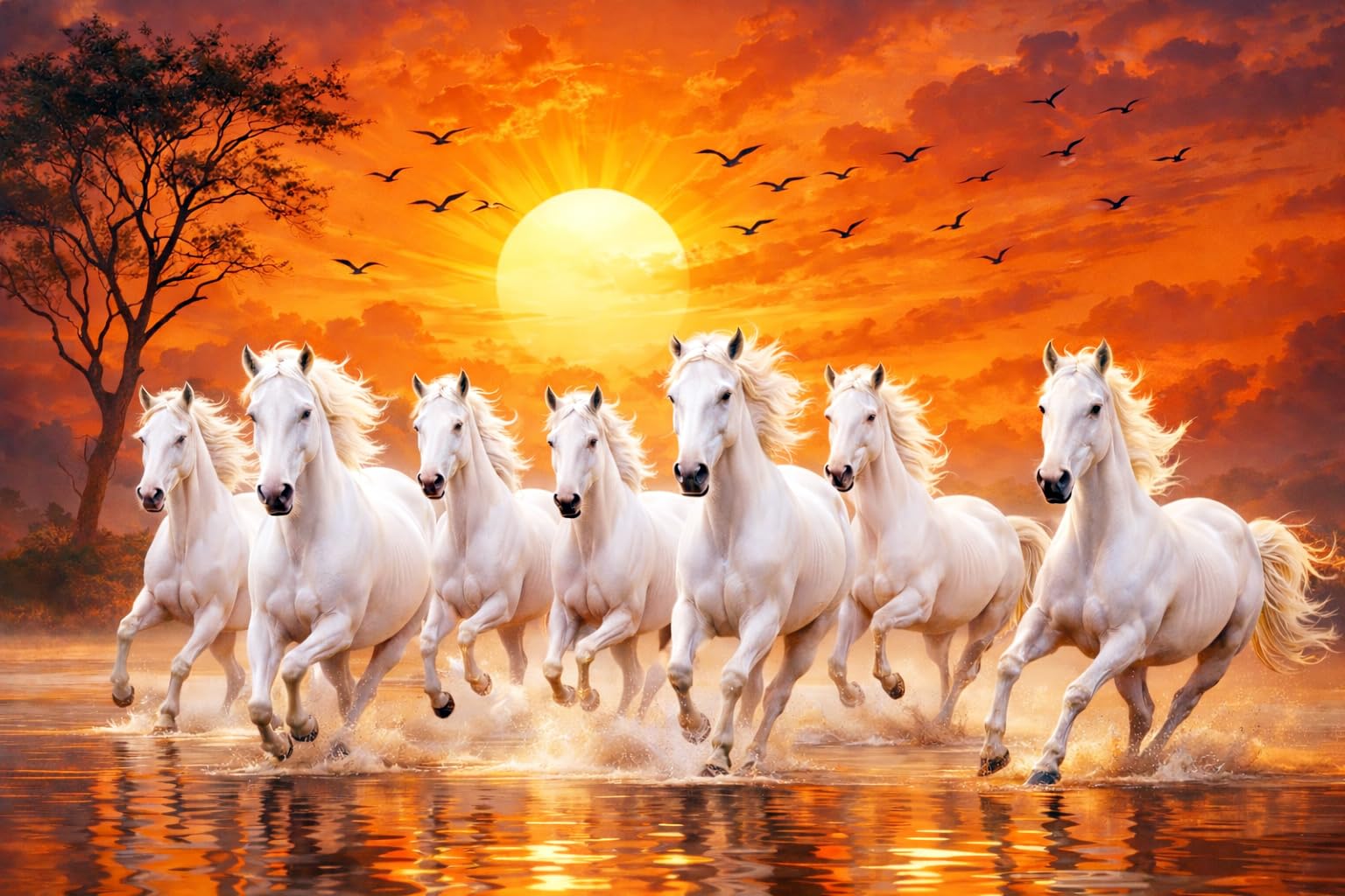 Seven White Horses Running Vastu Vinyl Sticker, 13x19 inch, Self-Adhesive Wall Décor Poster, Living Room, Bedroom, Office-image-10